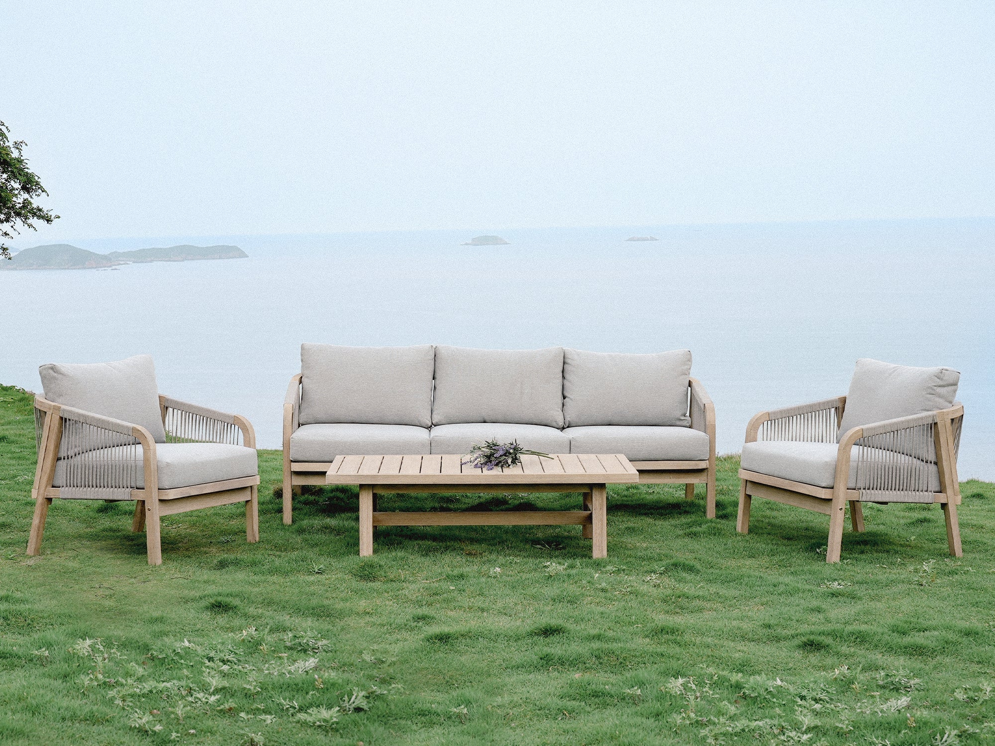 Thalea 5-Seater Wooden Outdoor Conversation Sofa Set with light grey thick cushions - SUNSITT modern outdoor patio furniture