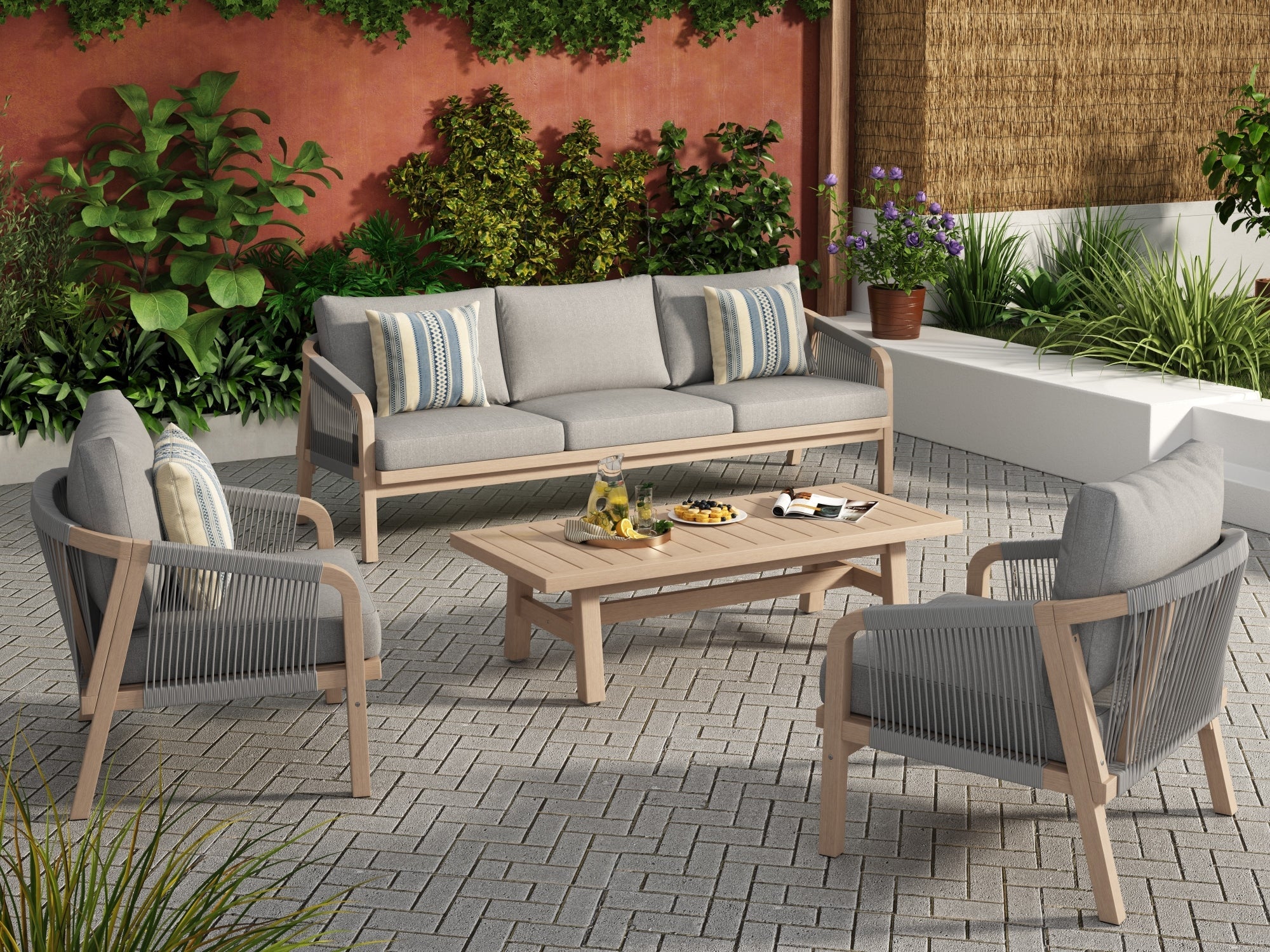 4-pcs Wooden Outdoor conversation sofa set, a 3-seat sofa, two single sofa armchairs, gray seat and back cushions, gray rope design, a rectangular wood outdoor coffee table - Sunsitt Premium Modern Outdoor Patio Furniture Set