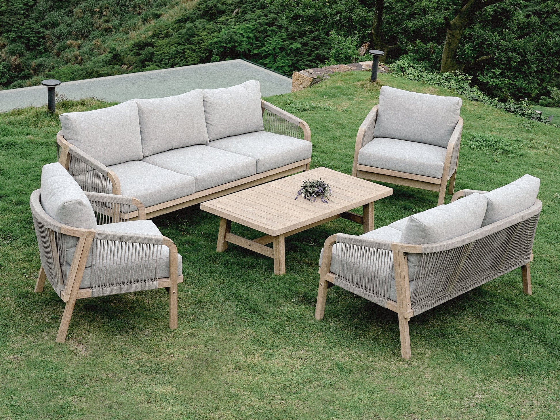 Thalea 7 Seats Wooden Patio Conversation Set with Coffee Table- Sunsitt modern outdoor patio furniture