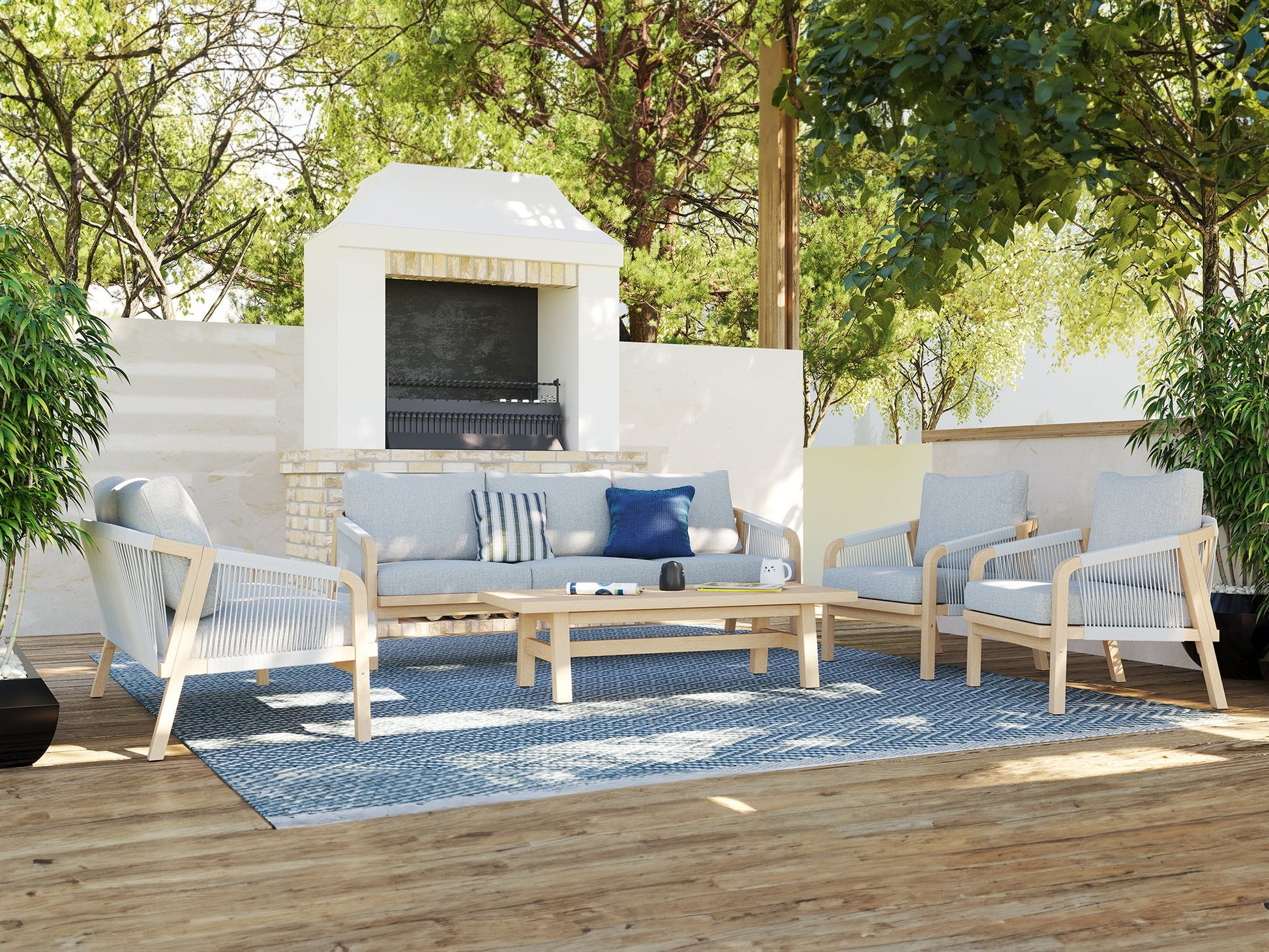 5-pcs Wooden Outdoor conversation sofa set, a triple sofa, a loveseat sofa, two single sofa armchairs, gray seat and back cushions, gray rope design, a rectangular wood outdoor coffee table - Sunsitt Premium Modern Outdoor Patio Furniture Set
