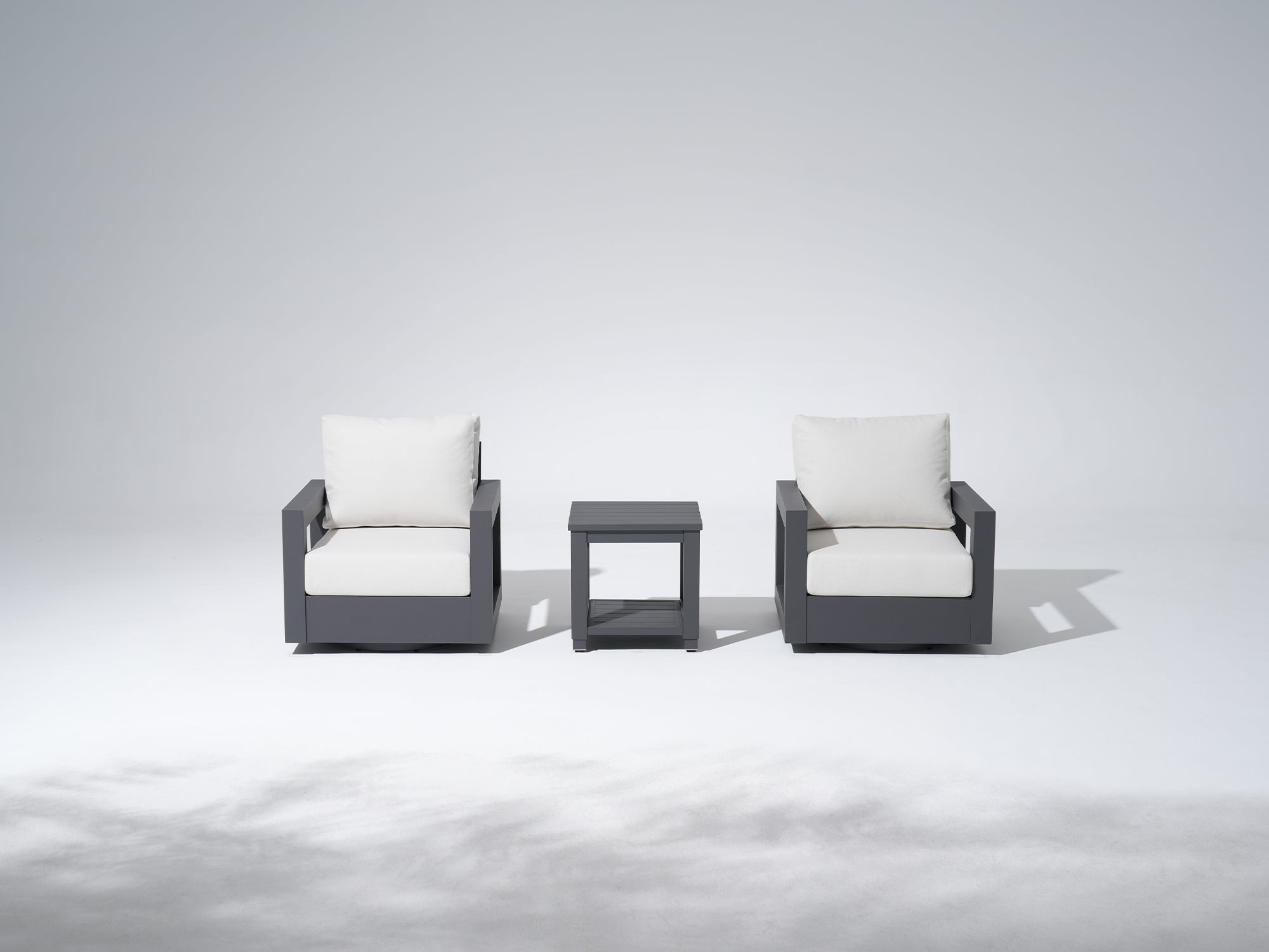 Vela Aluminum Outdoor Swivel Chairs with Table, Black Frame & White Cushions