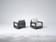 Vela Aluminum Outdoor Swivel Chairs, Black Frame & White Cushions, Set of 2