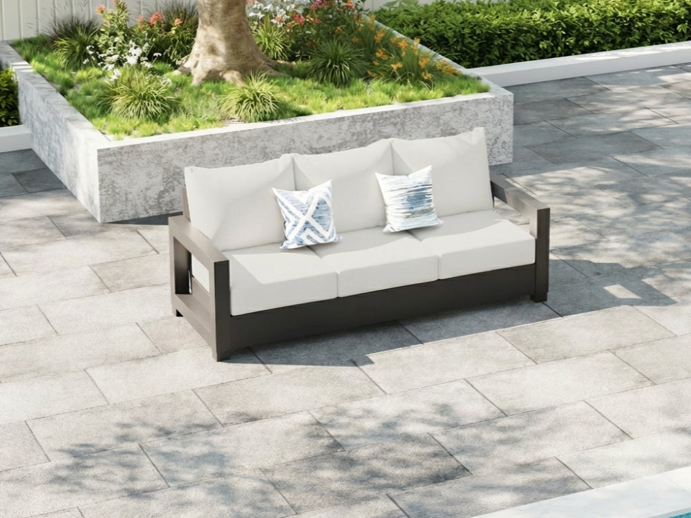 Vela Aluminum Black Outdoor Sofa, Olefin White Cushions