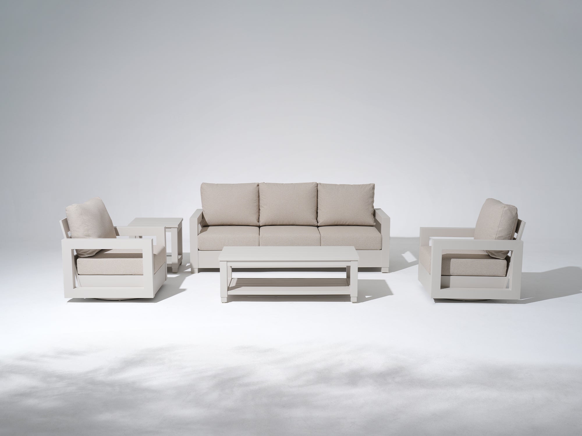 Vela Aluminum White Outdoor Sofa Set, Swivel Lounge Chair, Olefin White Cushions, Mixed Tables