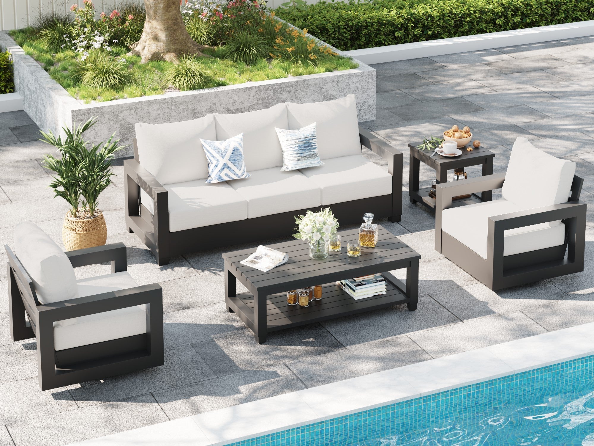 Vela Aluminum Black Outdoor Sofa Set, Swivel Lounge Chair, Olefin White Cushions, Mixed Tables