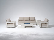 Vela Modern Aluminum Outdoor Sofa Set with Swivel Chairs, Light Beige Fire Pit,Linen Cushions