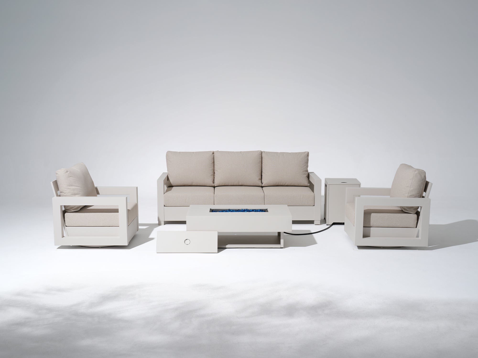 Vela Modern Aluminum Outdoor Sofa Set with Swivel Chairs, Light Beige Fire Pit,Linen Cushions