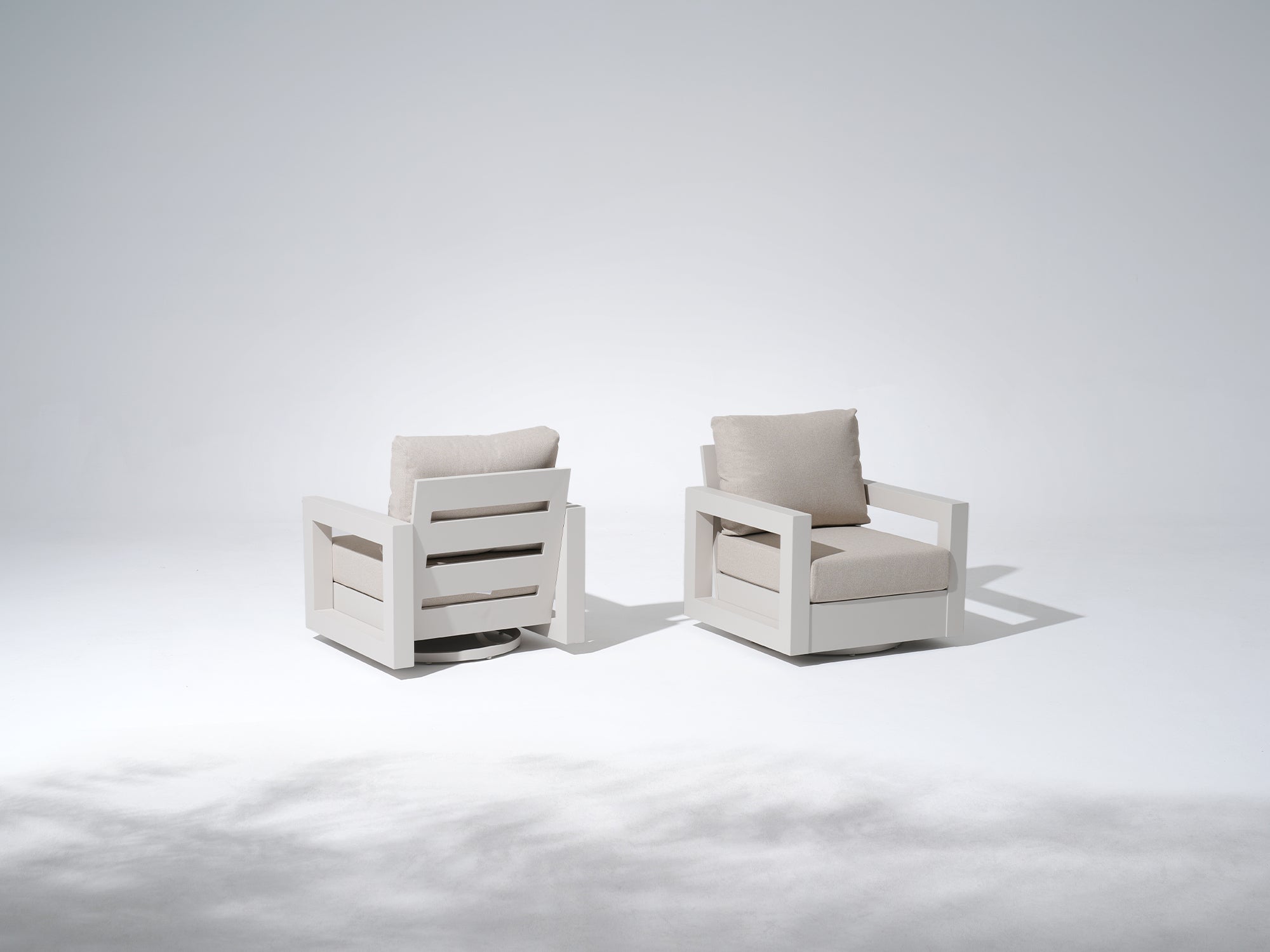 Vela Modern Aluminum Outdoor Sofa Set with Swivel Chairs, Light Beige Fire Pit,Linen Cushions