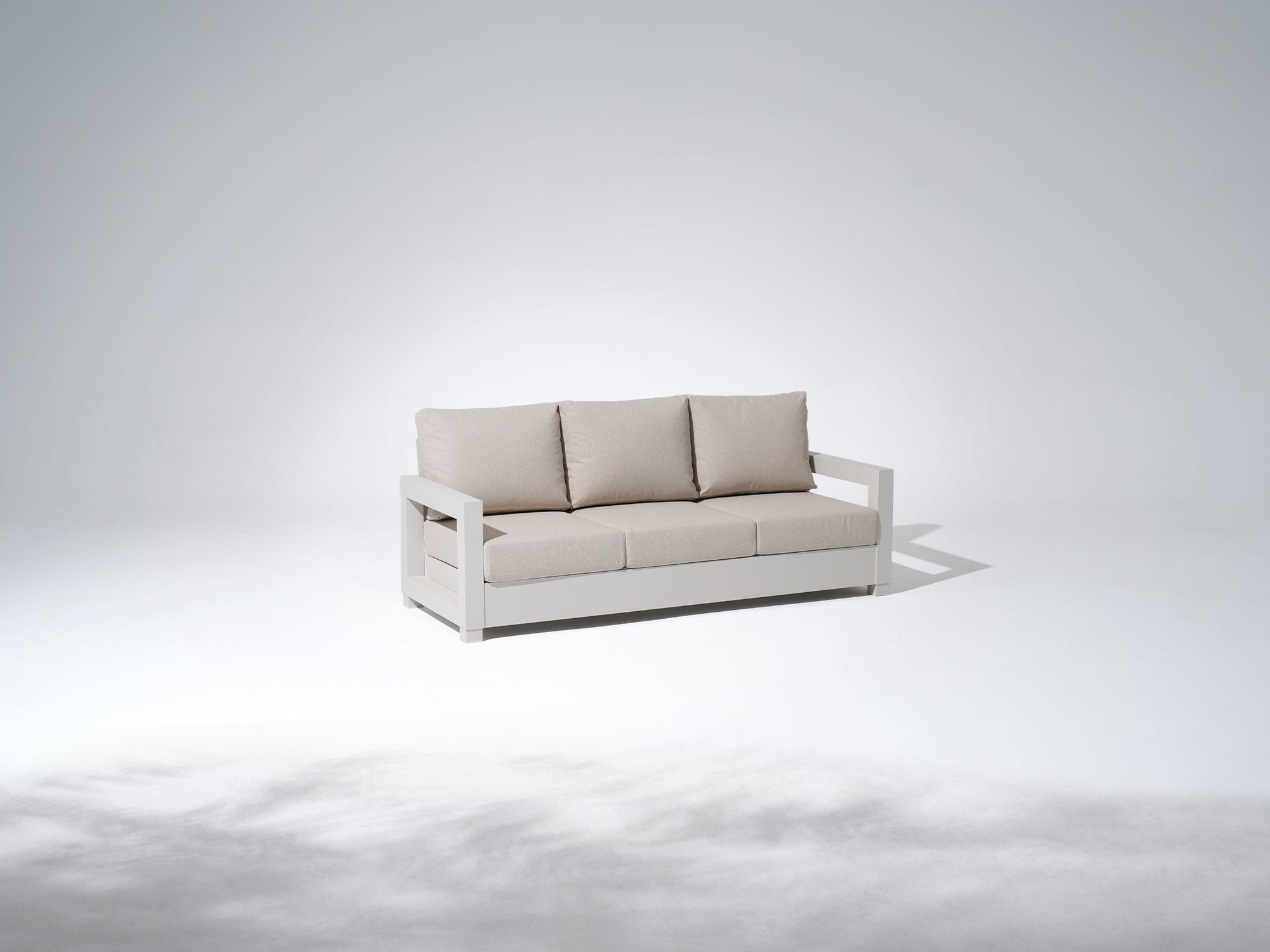 Vela Modern Aluminum Outdoor Sofa Set with Swivel Chairs, Light Beige Fire Pit,Linen Cushions