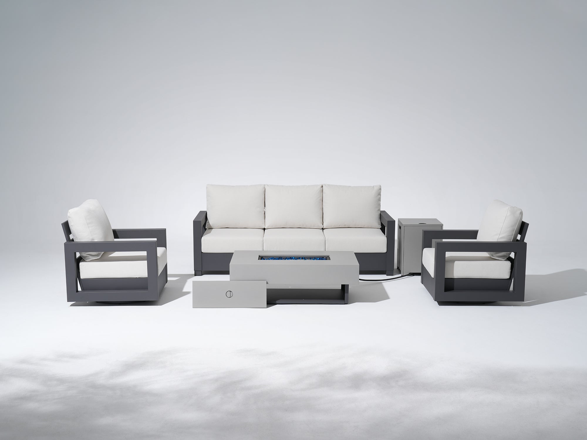 Vela Modern Metal Outdoor Sofa Set, Swivel Lounge Chair,Olefin Cushions, Grey Fire Pit