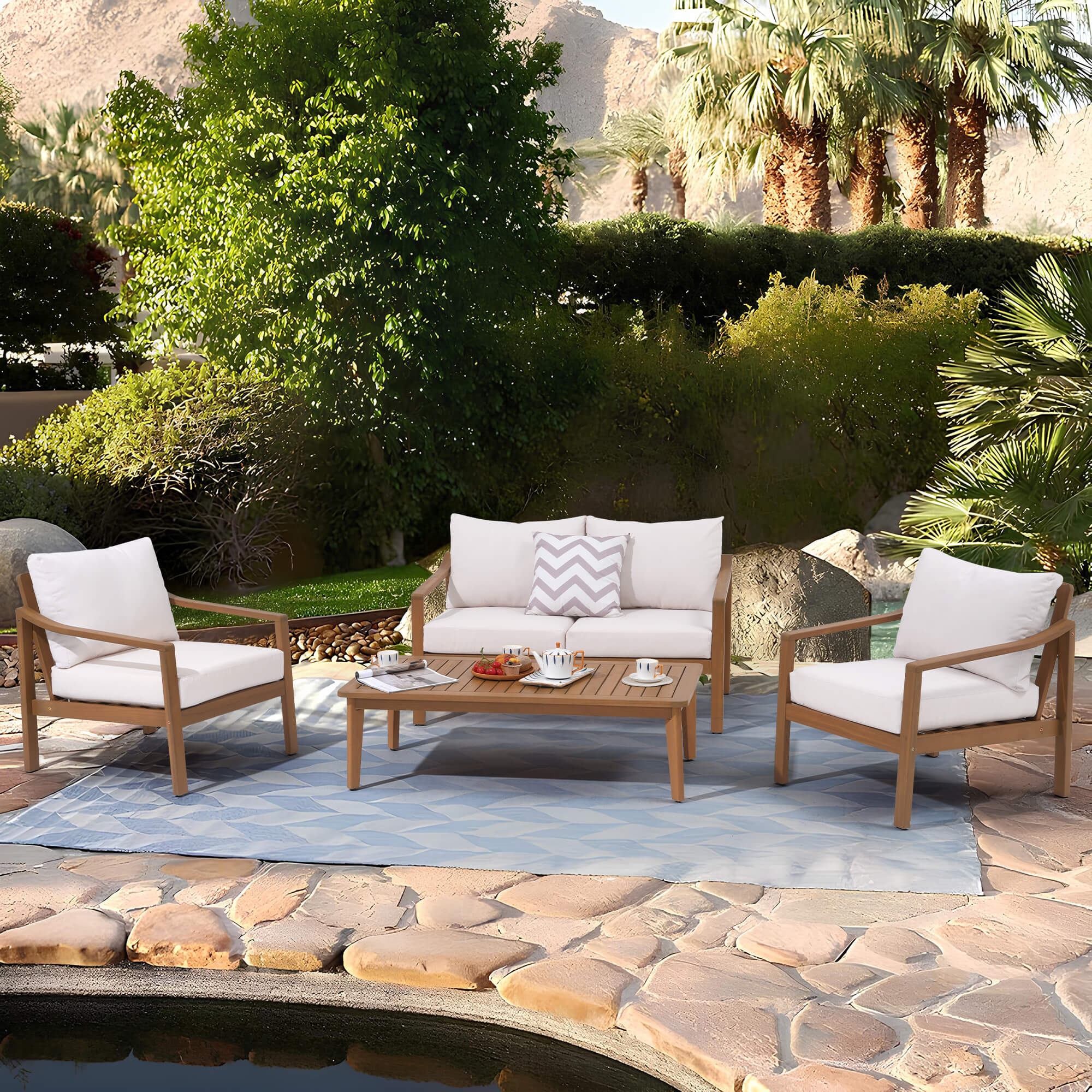 Noto 4 seats white Outdoor patio set with chairs and a table on a stone patio- Sunsitt Modern Premium Patio Outdoor Furniture