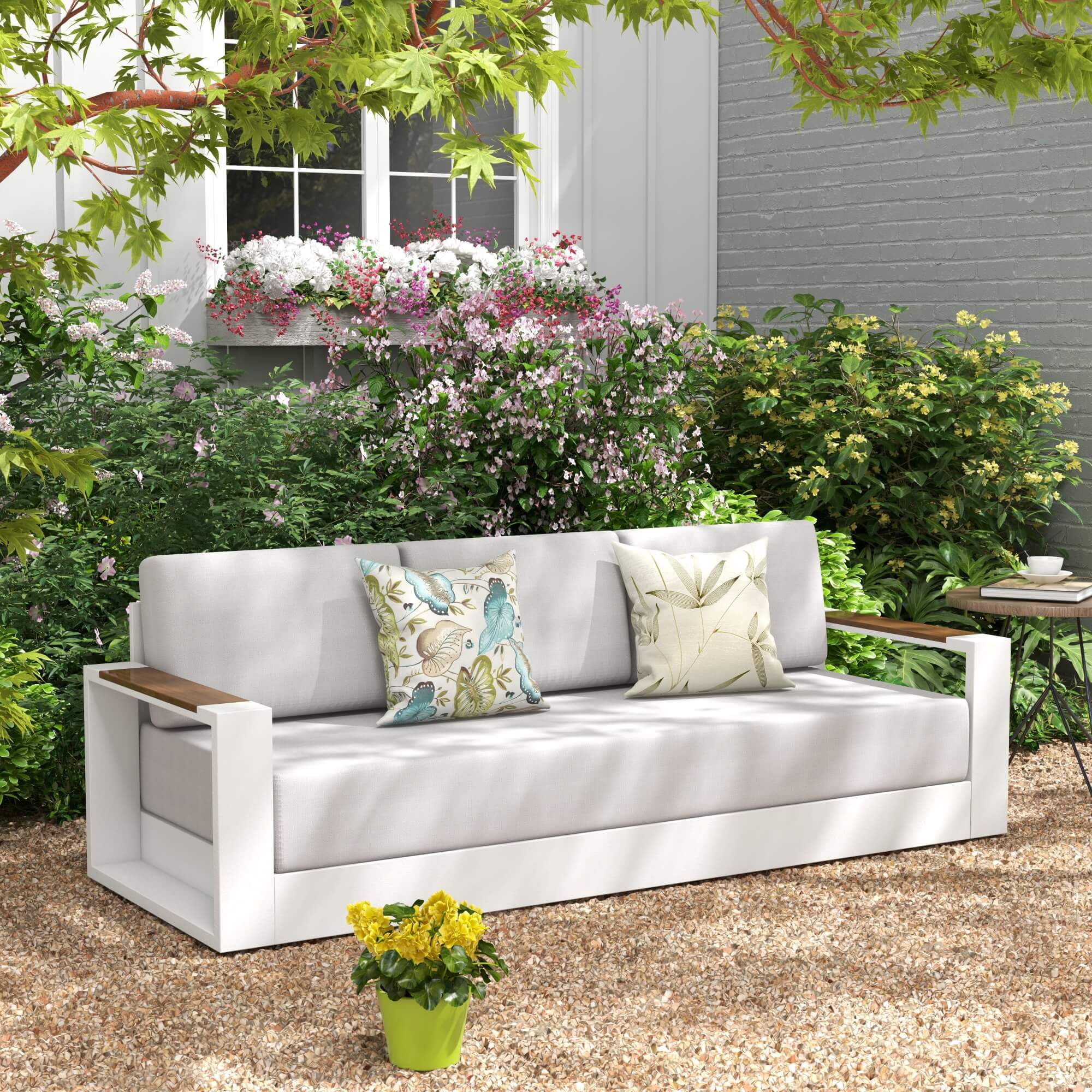 white 3 seats aluminum Outdoor sofa with cushions, wooden armrest design- Sunsitt Modern Premium Patio Outdoor Furniture #color_white