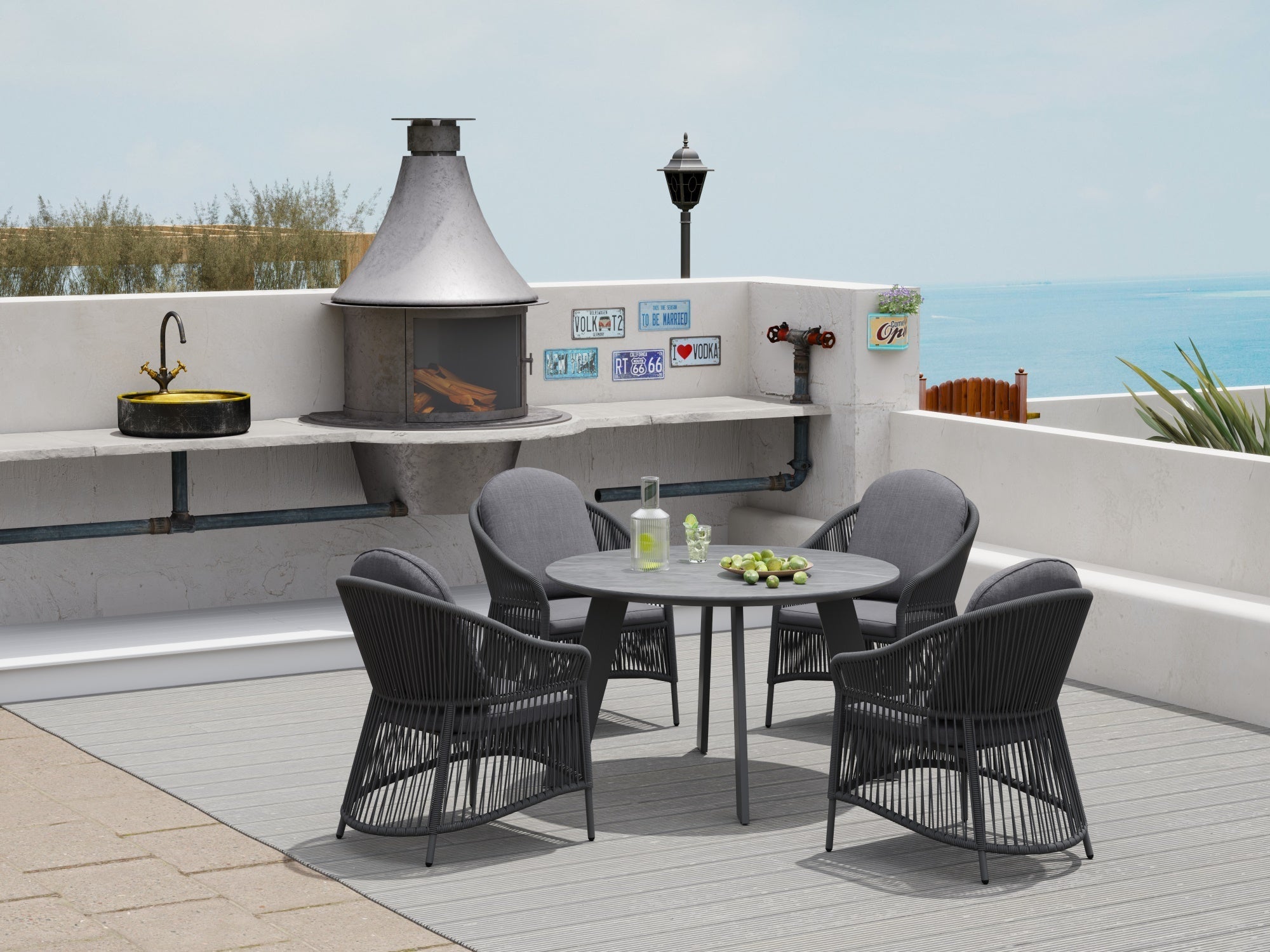 Wonder Round Outdoor Dining Set For 4 People, Aluminum & Sintered Stone, Φ48.4''
