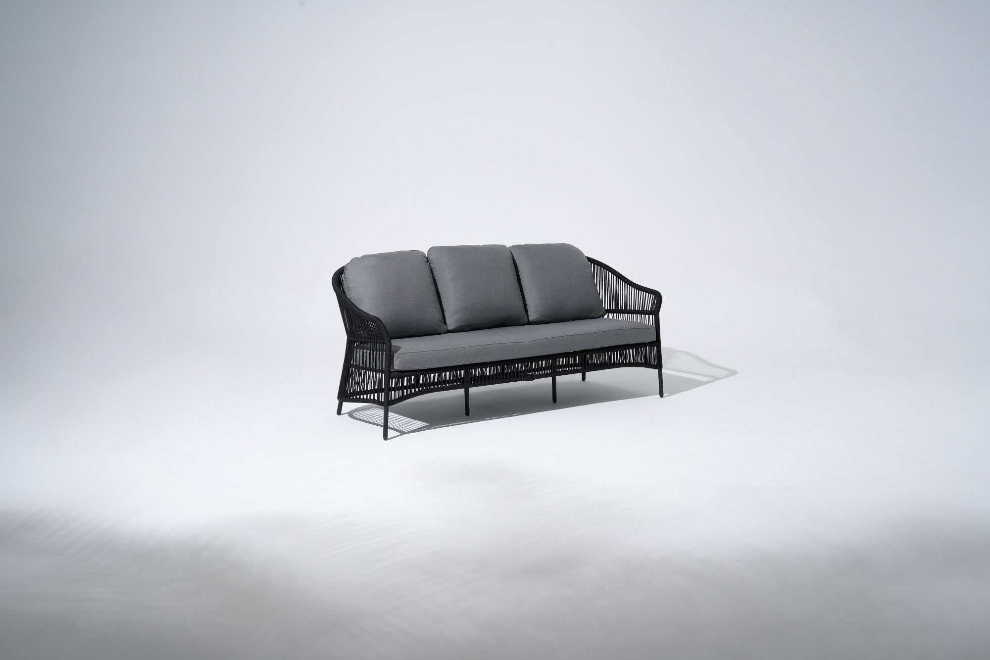 Outdoor 3-seat sofa, black aluminum frame, black rope design and gray cushions - SUNSITT Premium Modern Outdoor Patio Furniture