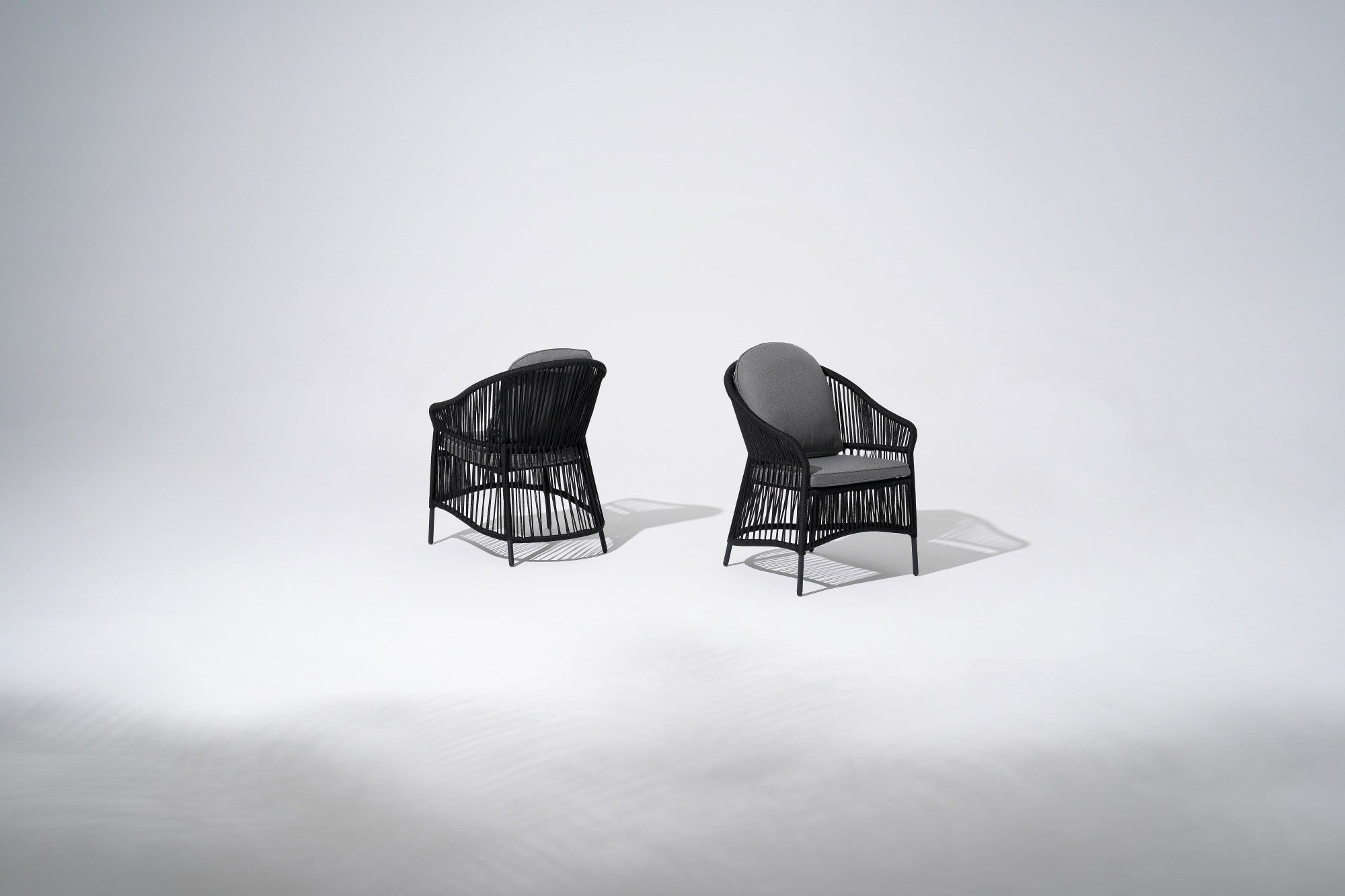 Outdoor Dining Arm Chair with black rope design and gray cushions - SUNSITT Premium Modern Outdoor Patio Dining Furniture