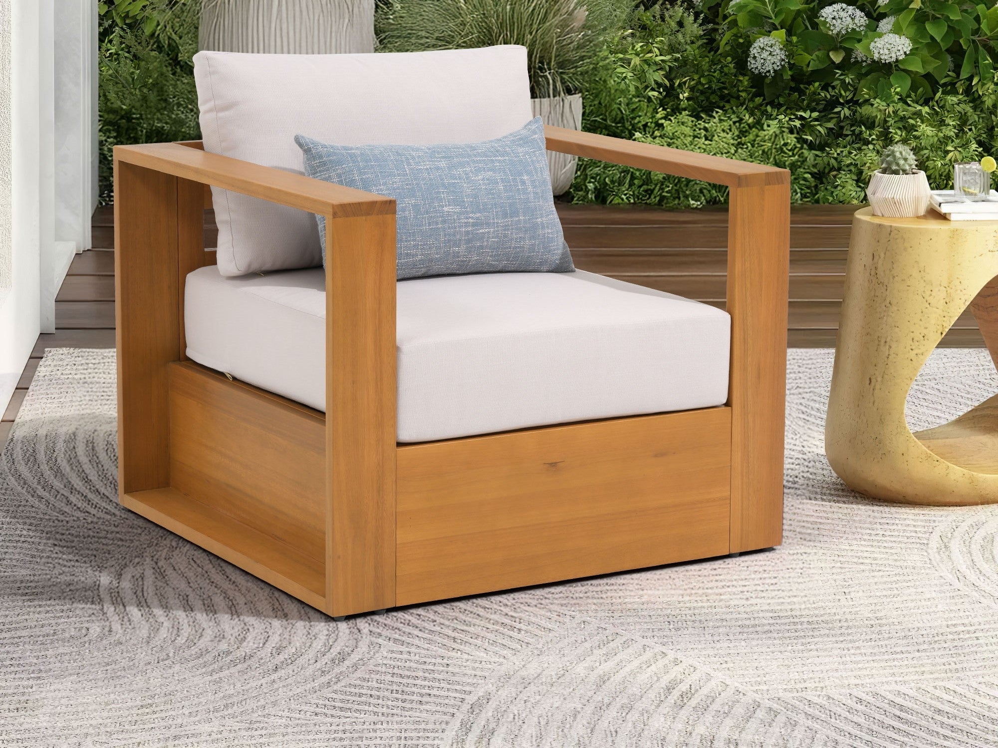 Foristern single sofa eucalyptus wood outdoor armchair,  White Olefin Cushions - Sunsitt Modern Outdoor Furniture