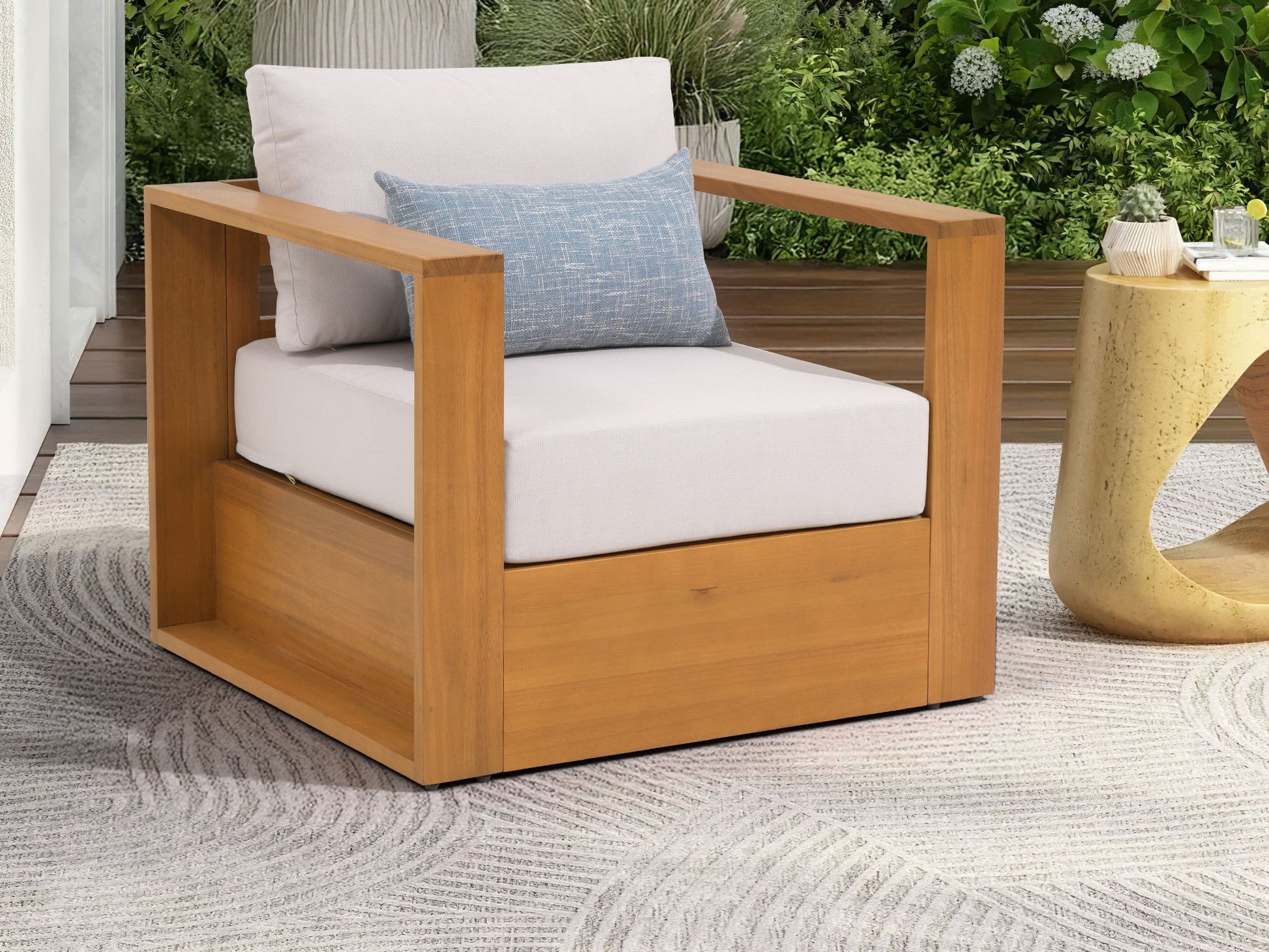 Foristern single sofa eucalyptus wood outdoor armchair,  White Olefin Cushions - Sunsitt Modern Outdoor Furniture