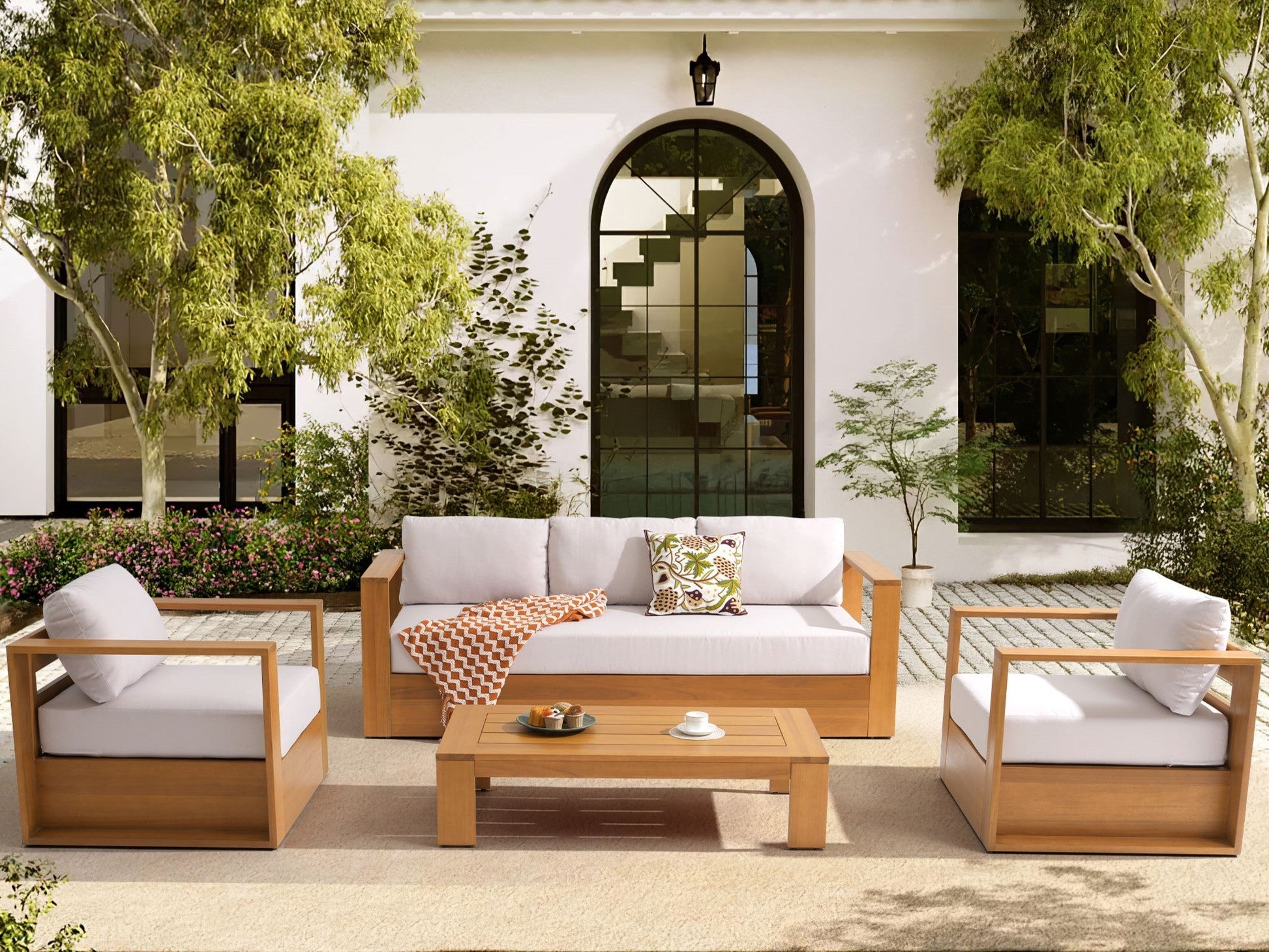 Foristern 4-Piece eucalyptus Wooden Outdoor sofa seating Set,  White Olefin Cushions - Sunsitt Modern Outdoor Furniture