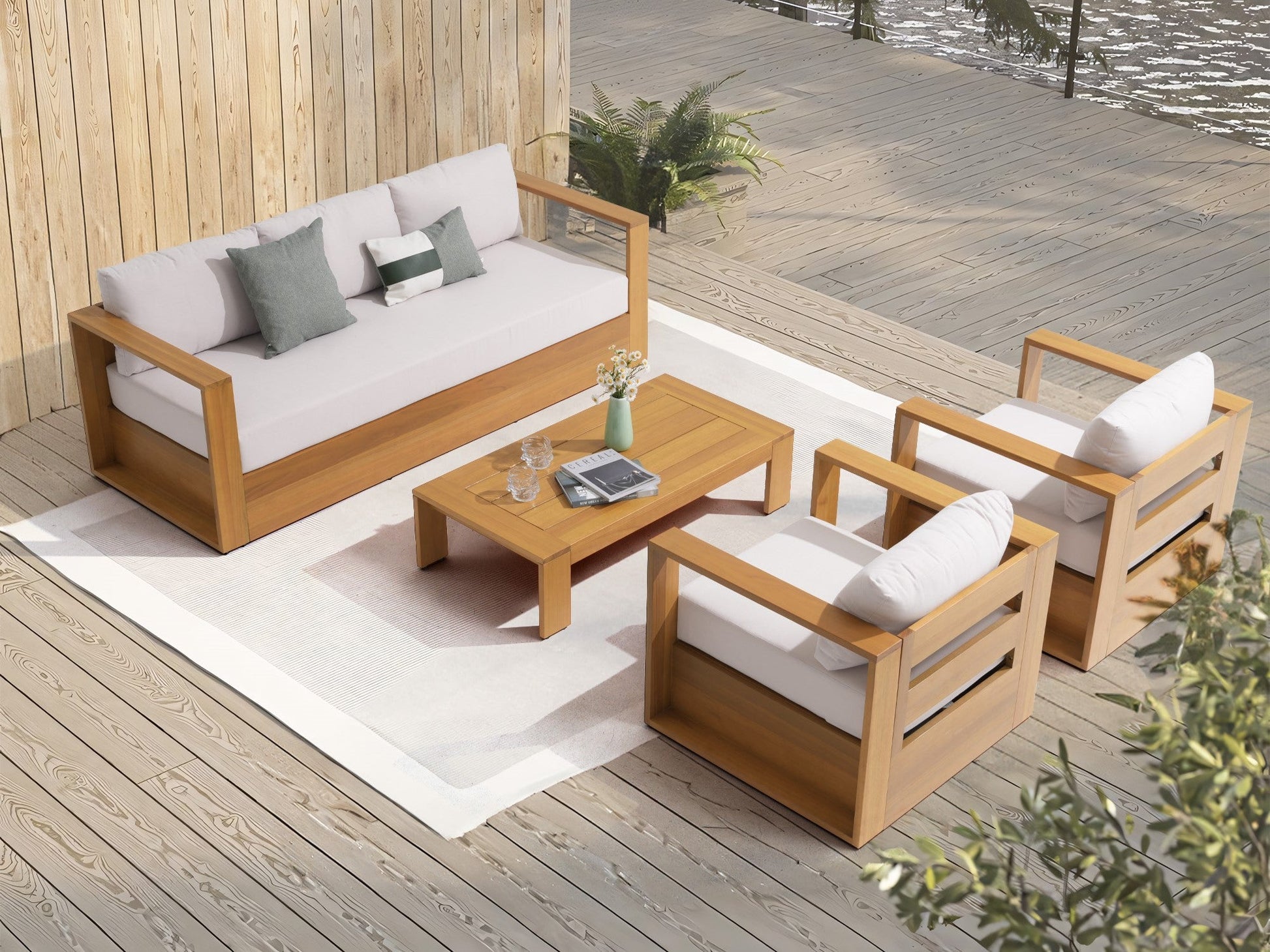 Foristern 4-Piece eucalyptus Wooden Outdoor Sofa Set,  a 3-seater sofa, two single sofa, a coffee table, White Olefin Cushions - Sunsitt Modern Outdoor Furniture