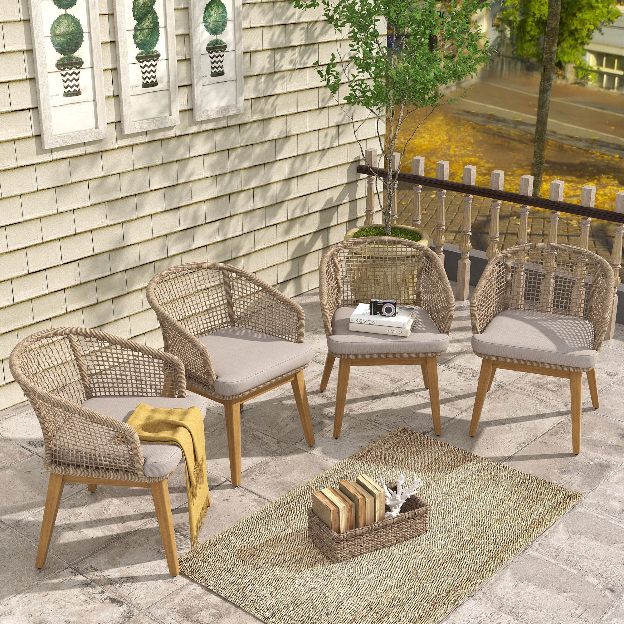 4 patio dining chairs with wooden frame and rope design- Sunsitt Modern Premium Patio Outdoor Furniture#Color_Beige