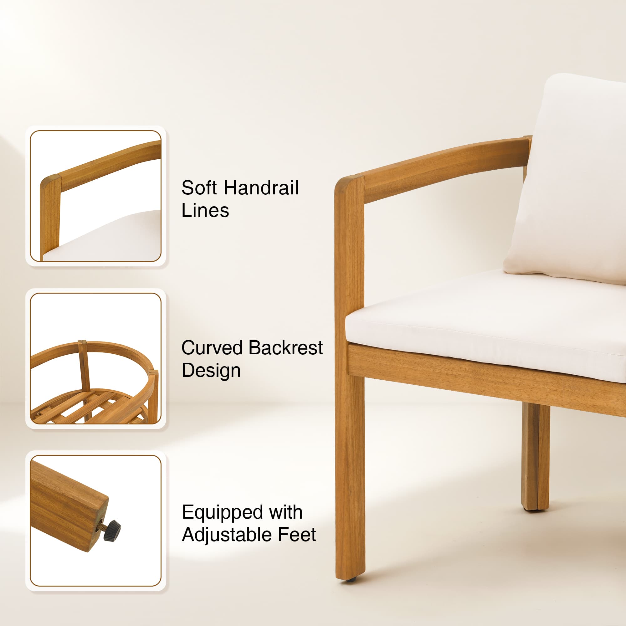 Wooden chair with white cushion, featuring soft handrail lines, curved backrest design, and adjustable feet- Sunsitt Modern Premium Patio Outdoor Furniture