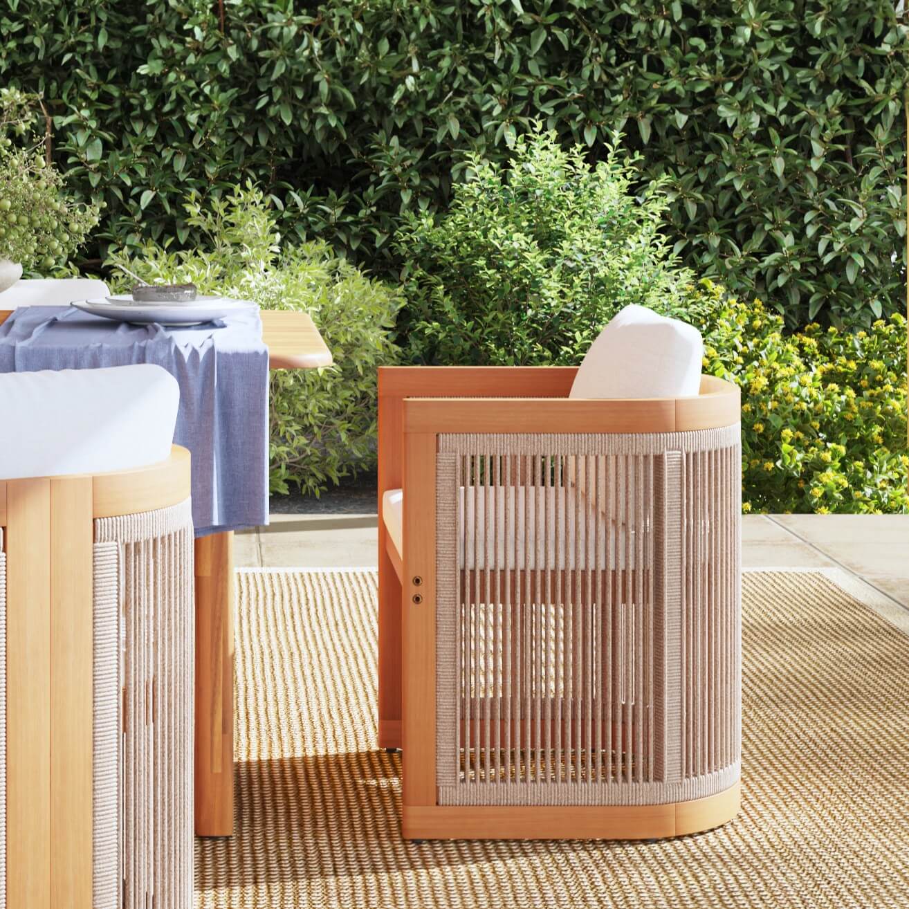 wooden frame outdoor patio chair with woven rope design details- Sunsitt Modern Premium Patio Outdoor Furniture 