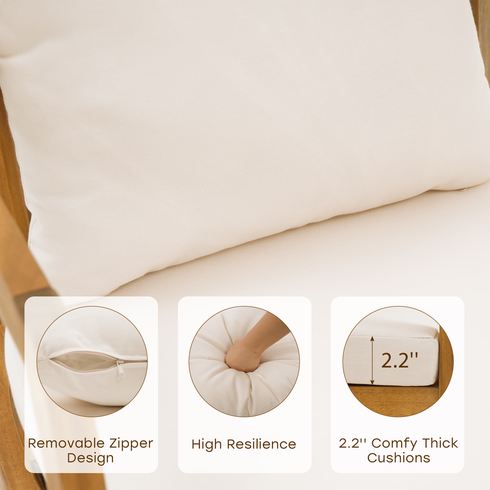 Beige cushions with text highlighting features like removable zipper, high resilience, and thick cushions- Sunsitt Modern Premium Patio Outdoor Furniture