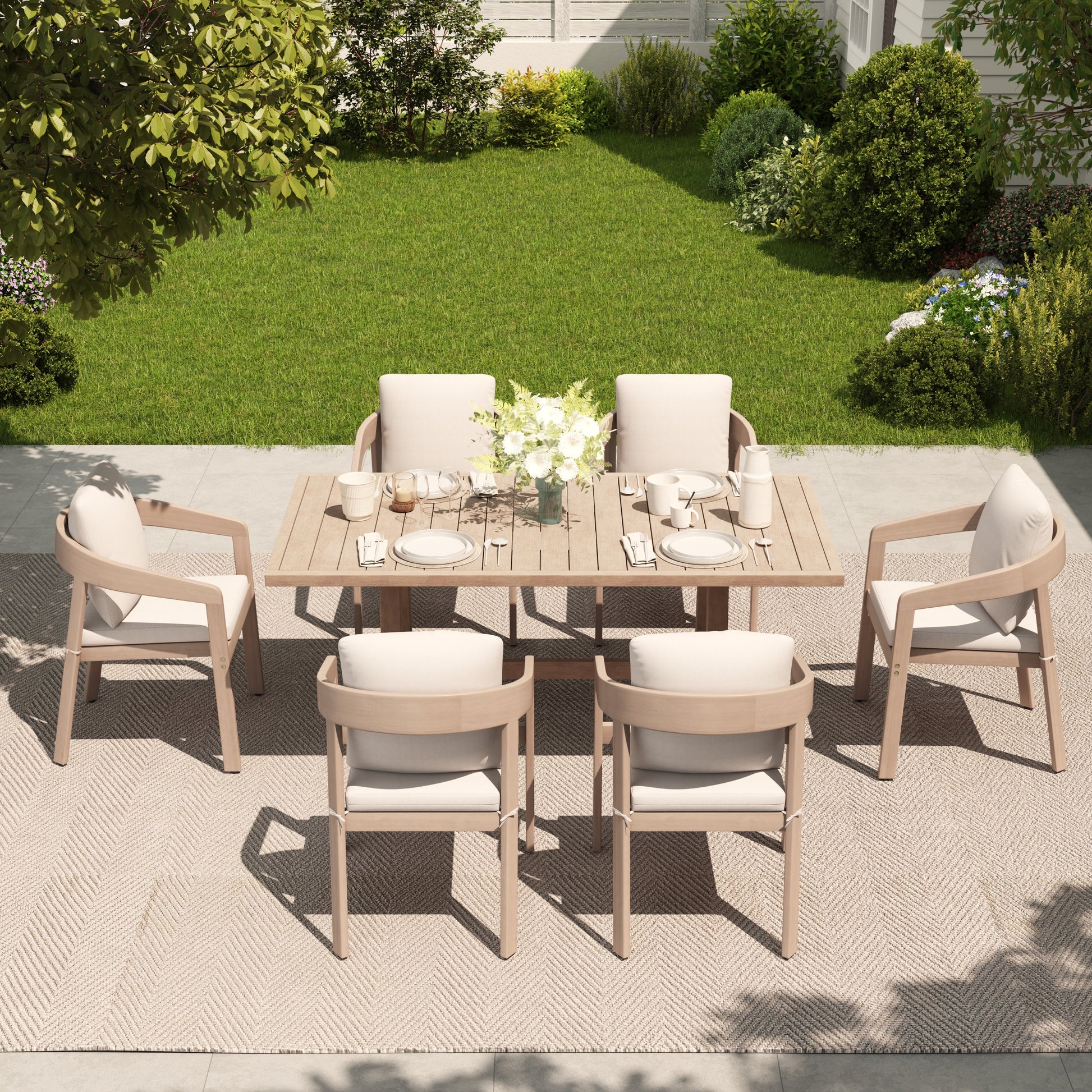Drift Wooden Outdoor Dining Set with White Cushion for 6 People, 67'' table