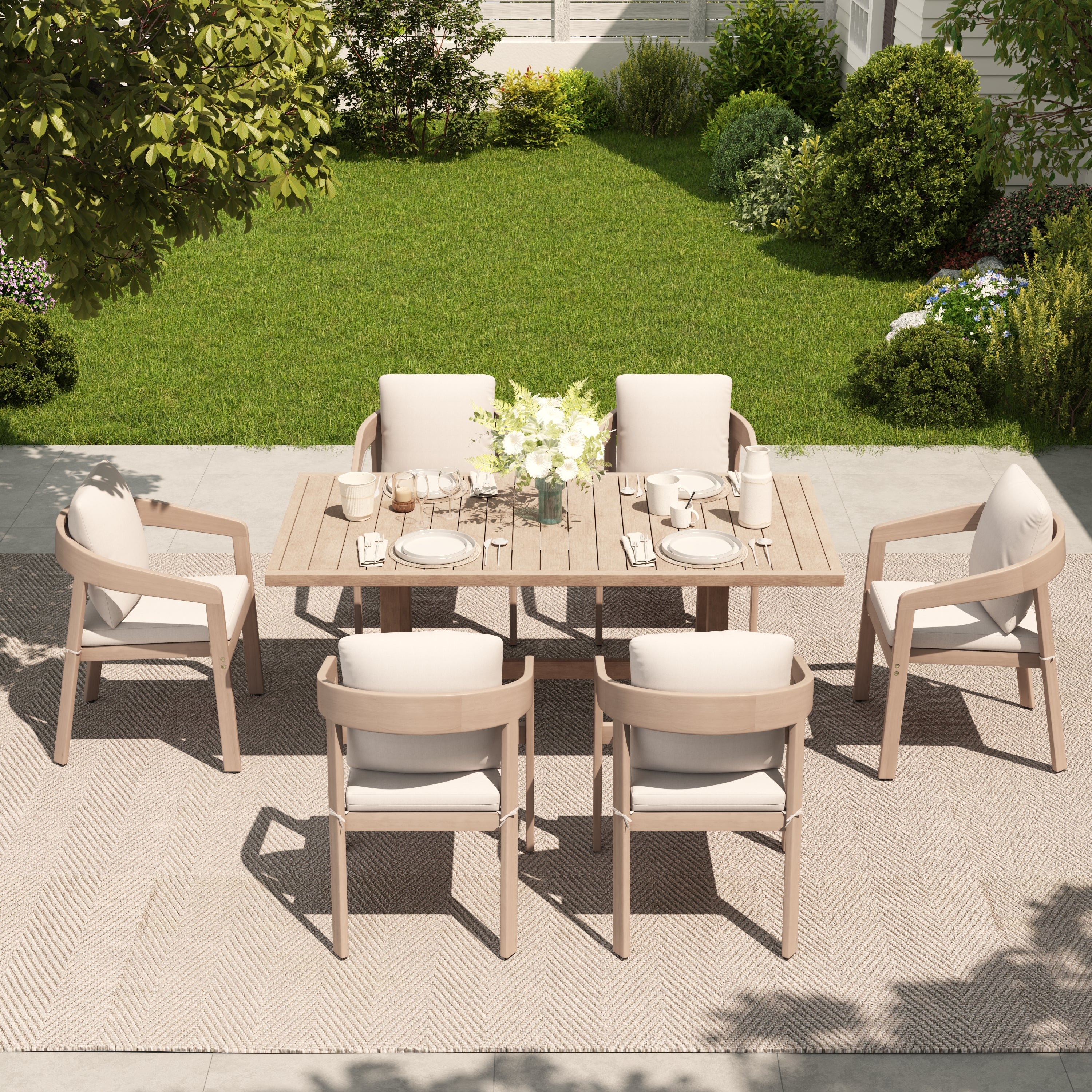 Drift Wooden Outdoor Dining Set with White Cushion for 6 People, 67'' table