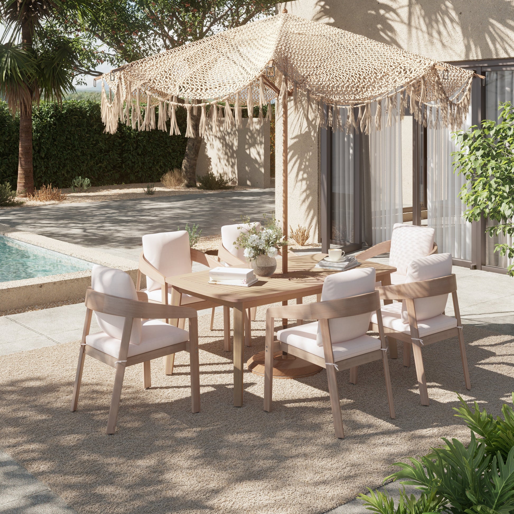wood outdoor furniture dining set for 6 with  Eucalyptus chairs and umbrella hole table