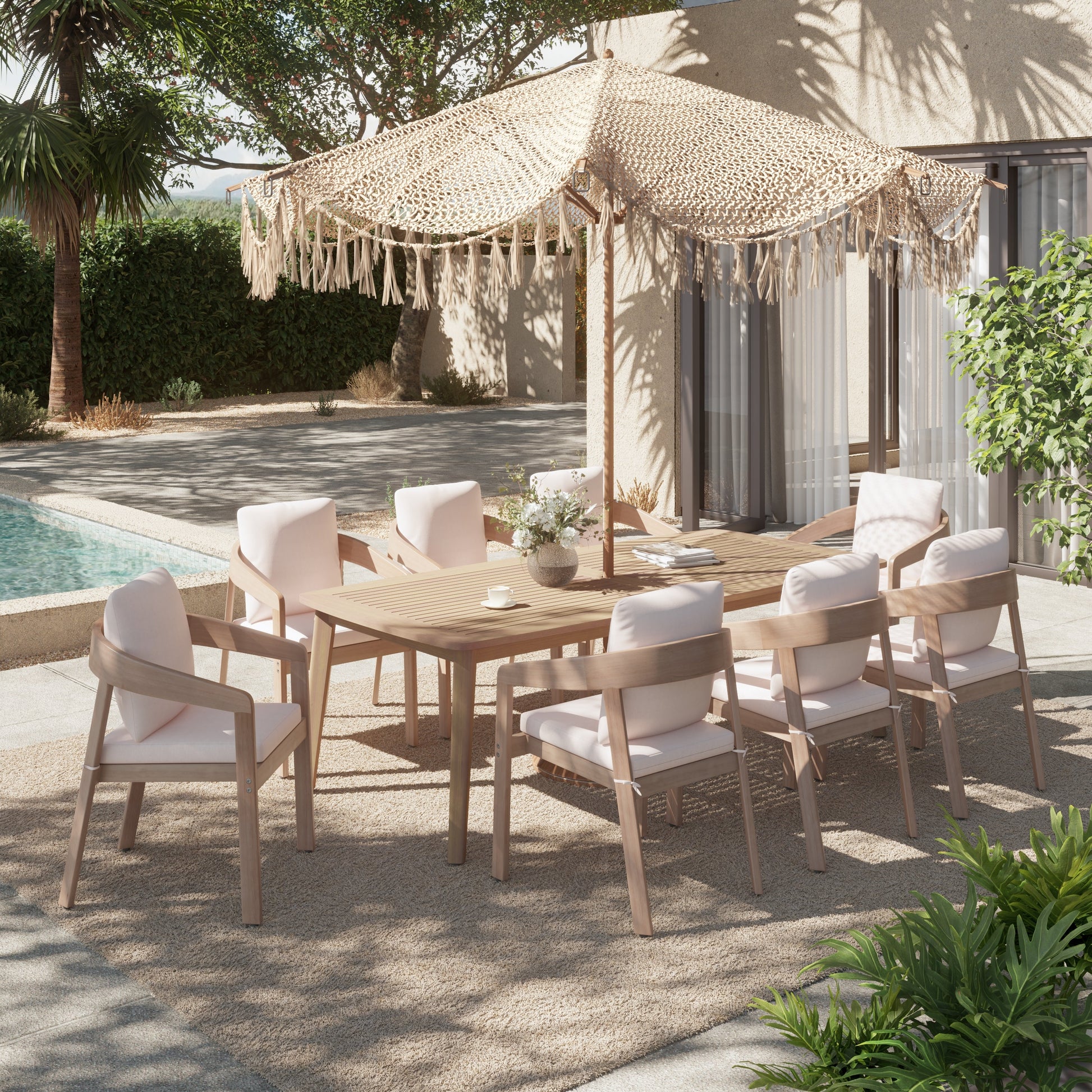 Wooden Outdoor Dining Set with Umbrella Hole, 8 Seats, Rope Design, 83'' Table