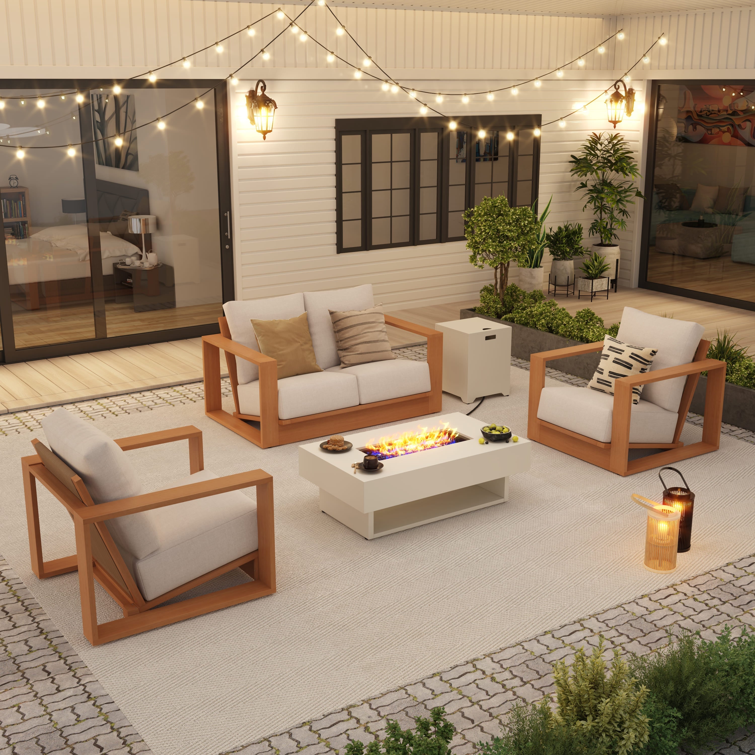 Drift 4 Seats Eucalyptus Wooden Outdoor Furniture Set with Fire Pit, Angled seat, Rope Backrest