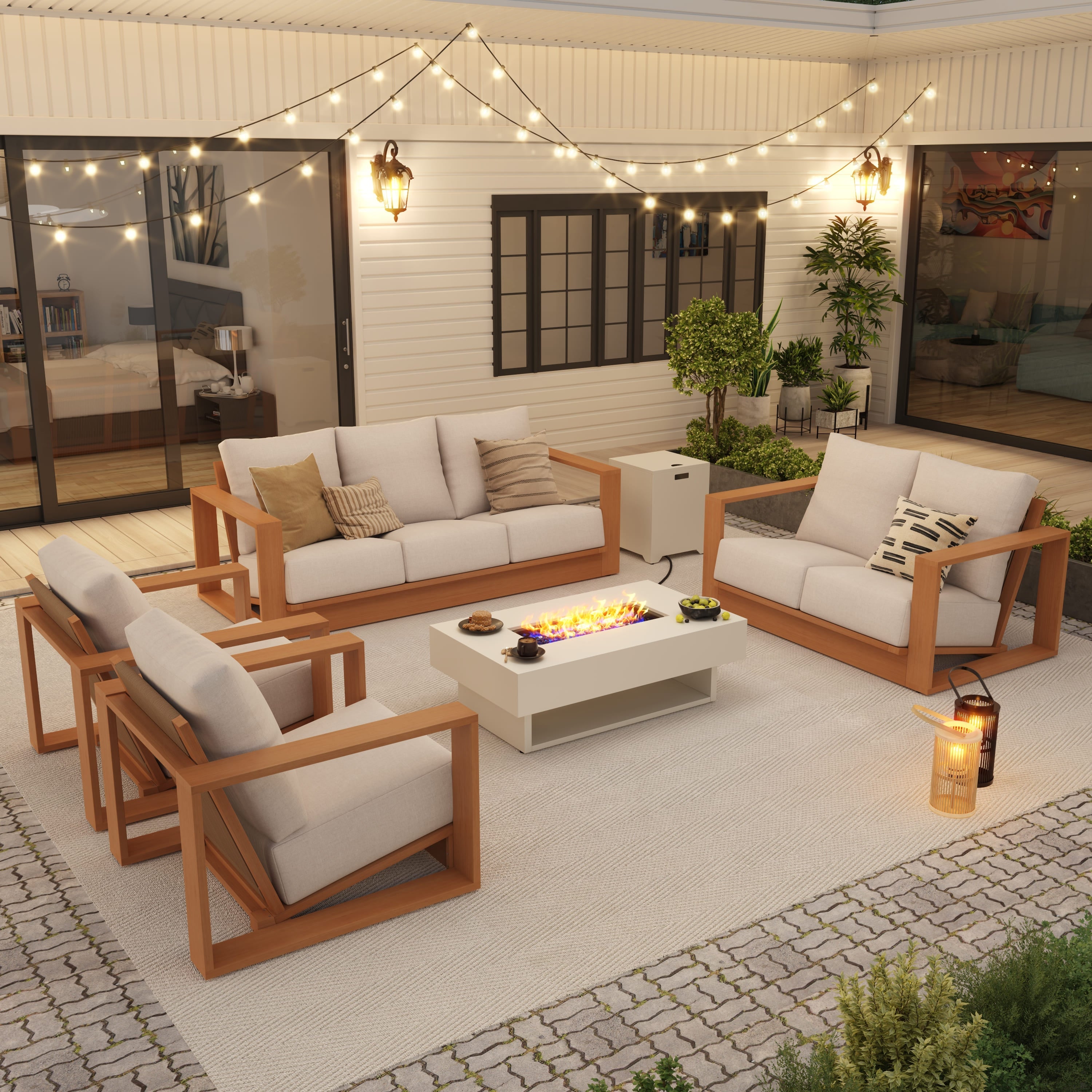 Drift 7 Seats Eucalyptus Wooden Outdoor Sofa Set with Fire Pit, Angled seat, Rope Backrest