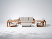 Drift 5 Seats Eucalyptus Wooden Outdoor Sofa Set with Fire Pit, Angled seat, Rope Backrest