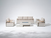 Addison Aluminum Outdoor Conversation Set with Fire Pit, Linen Olefin Cushion