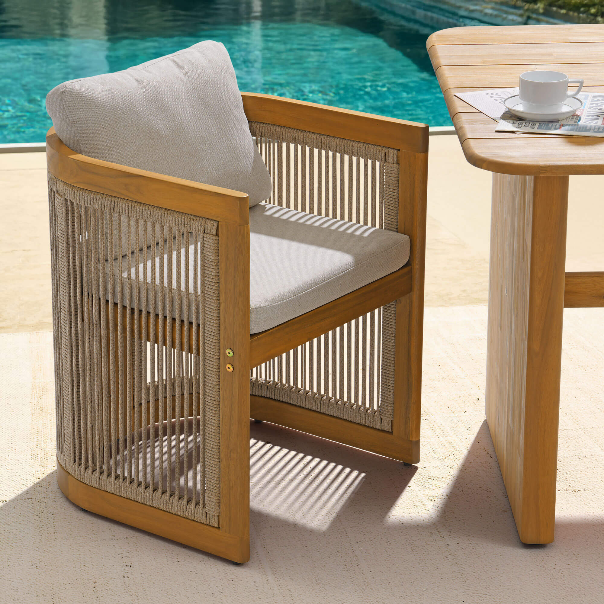 rope and Wooden dining chair with white cushion- SUNSITT Modern Premium Patio Outdoor Furniture 