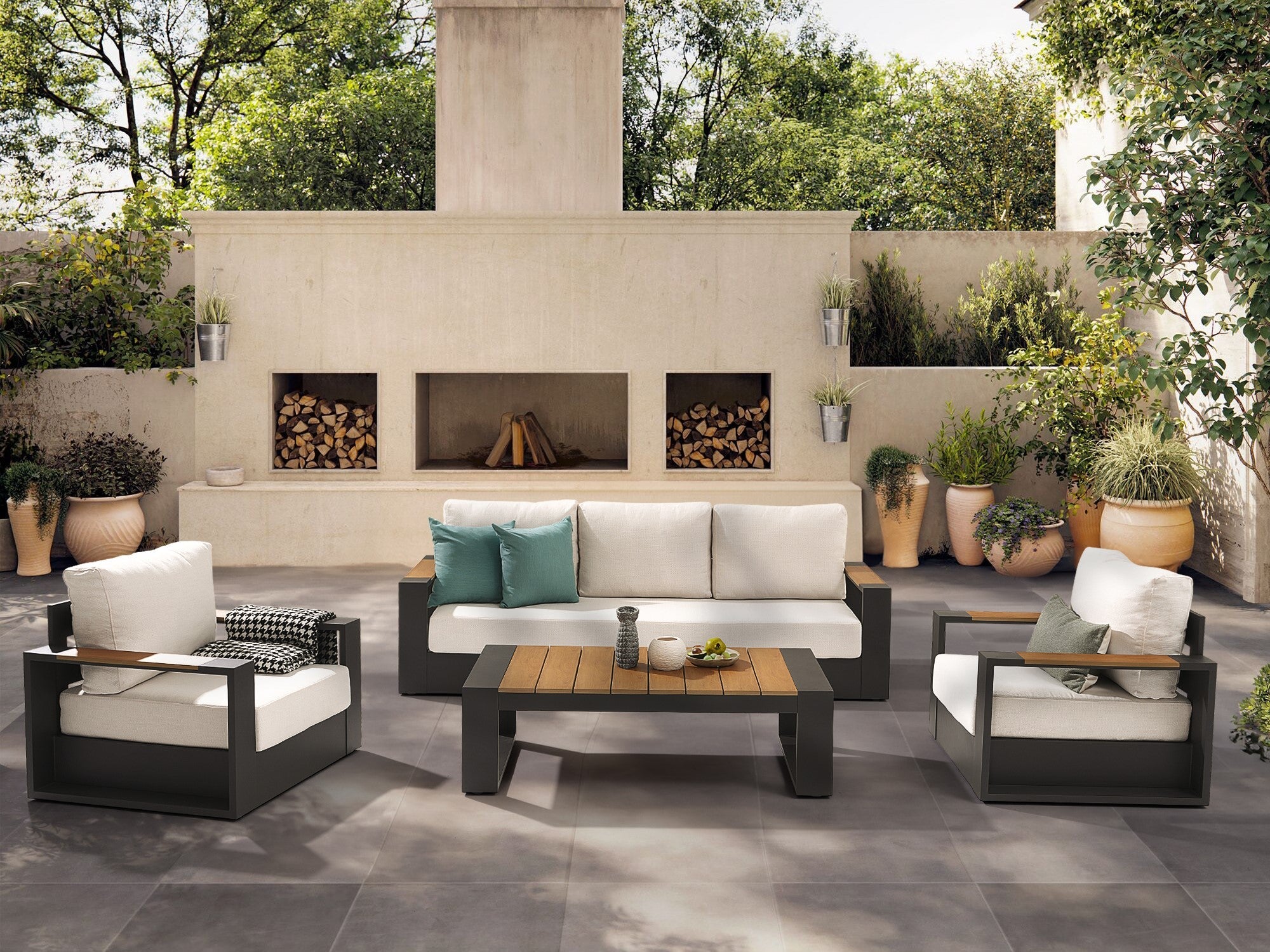 4-pcs Modern Metal Outdoor conversation sofa set, Dark Grey Aluminum Frame, White Cushions, a 3-seat sofa, two single sofa armchairs with wood-top armrests, a rectangular outdoor coffee table with wood-top - Sunsitt Premium Modern Outdoor Patio Furniture Set