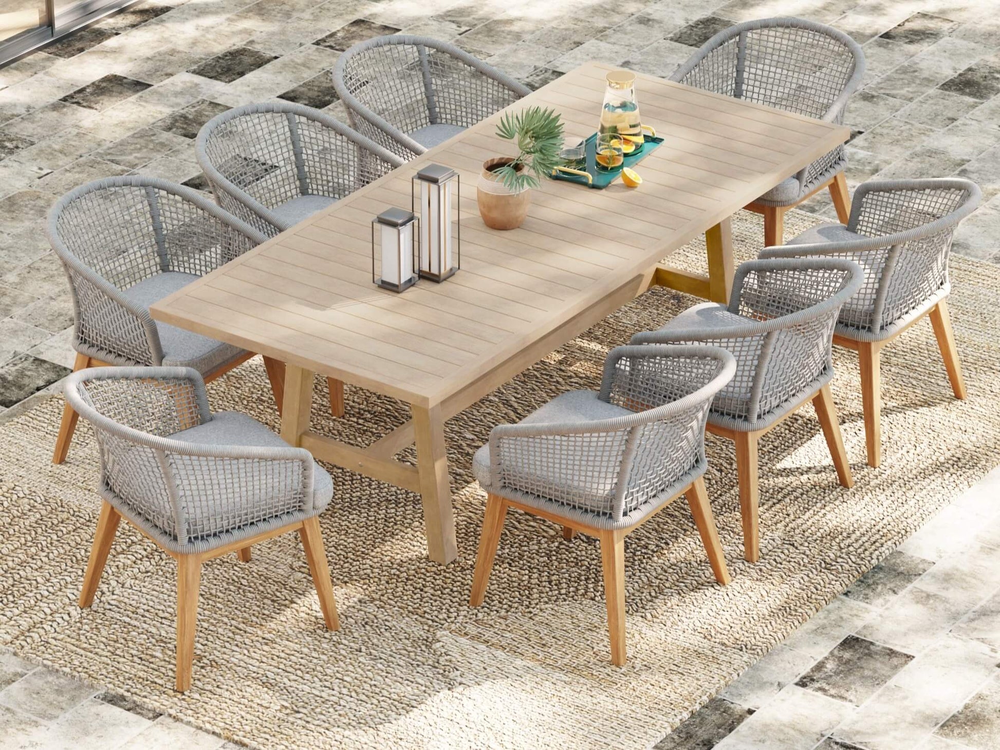 wooden outdoor dining table and gray chairs for 8 with rope design- Sunsitt Modern Premium Patio Outdoor Furniture#Color_Grey