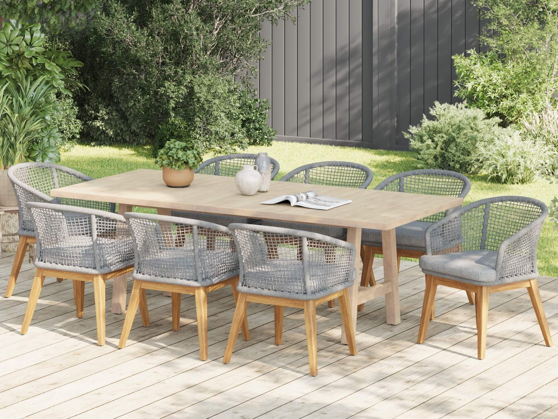 wooden outdoor dining table and gray chairs for 8 with rope design- Sunsitt Modern Premium Patio Outdoor Furniture#Color_Grey