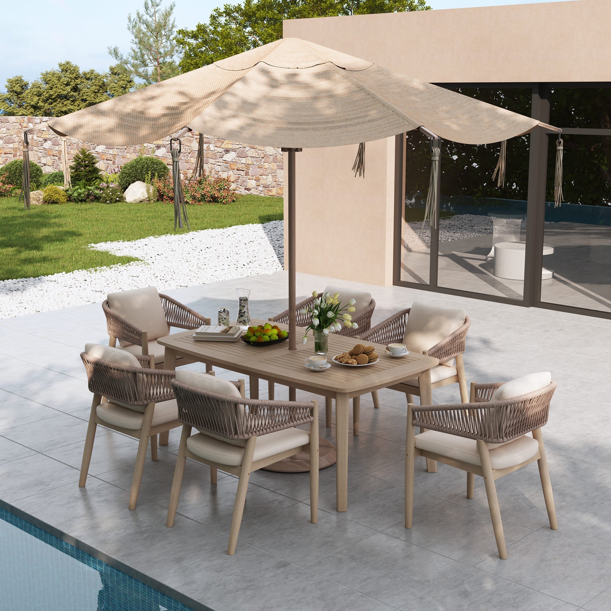 in store patio umbrella hoe Lira Compact Wooden Outdoor Dining Set with Umbrella Hole for 6 People – Sunsitt Signature Outdoor