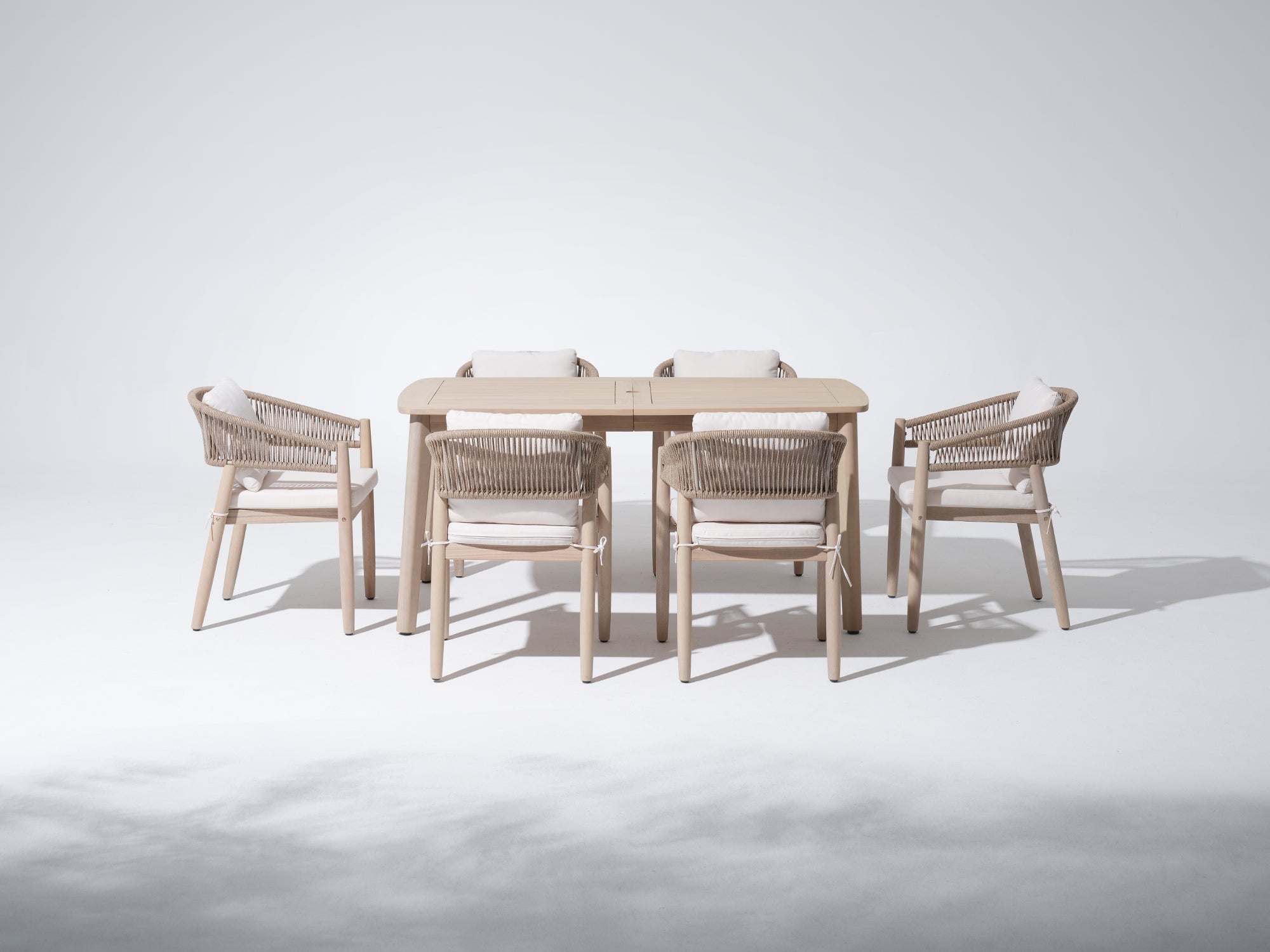 Wooden patio umbrella hole dining set for 6, rope design chair with cushions