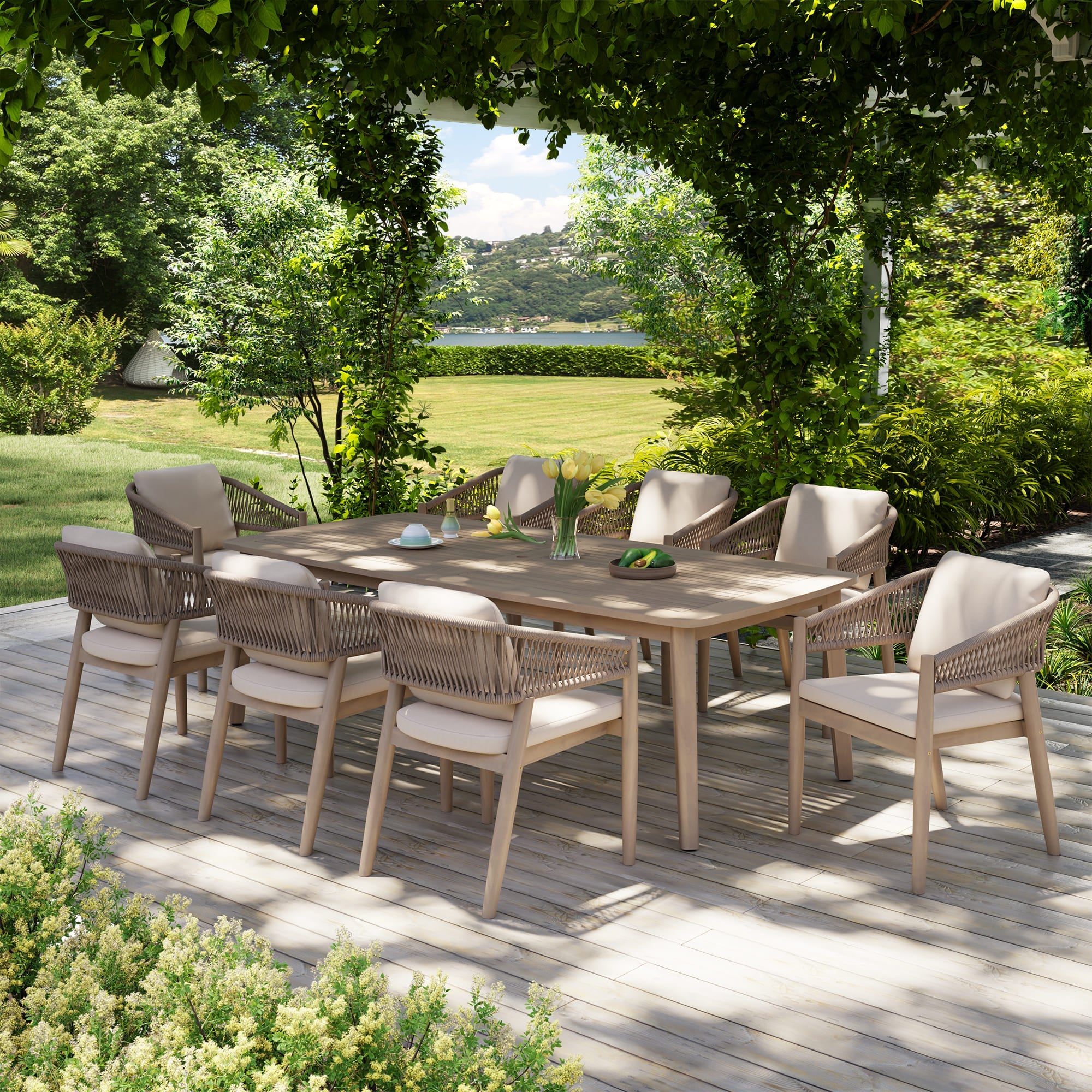 Lira Compact Wooden Outdoor Dining Set with Umbrella Hole for 8 People, 83"