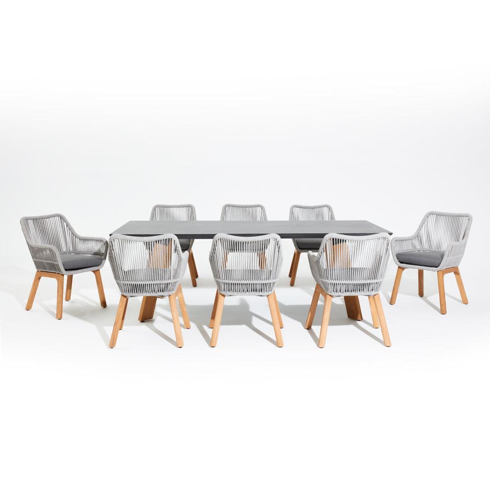 Natural- Dining table for 6-8 people,teak leg, aluminum frame,grey finish, front view-Sunsitt Signature