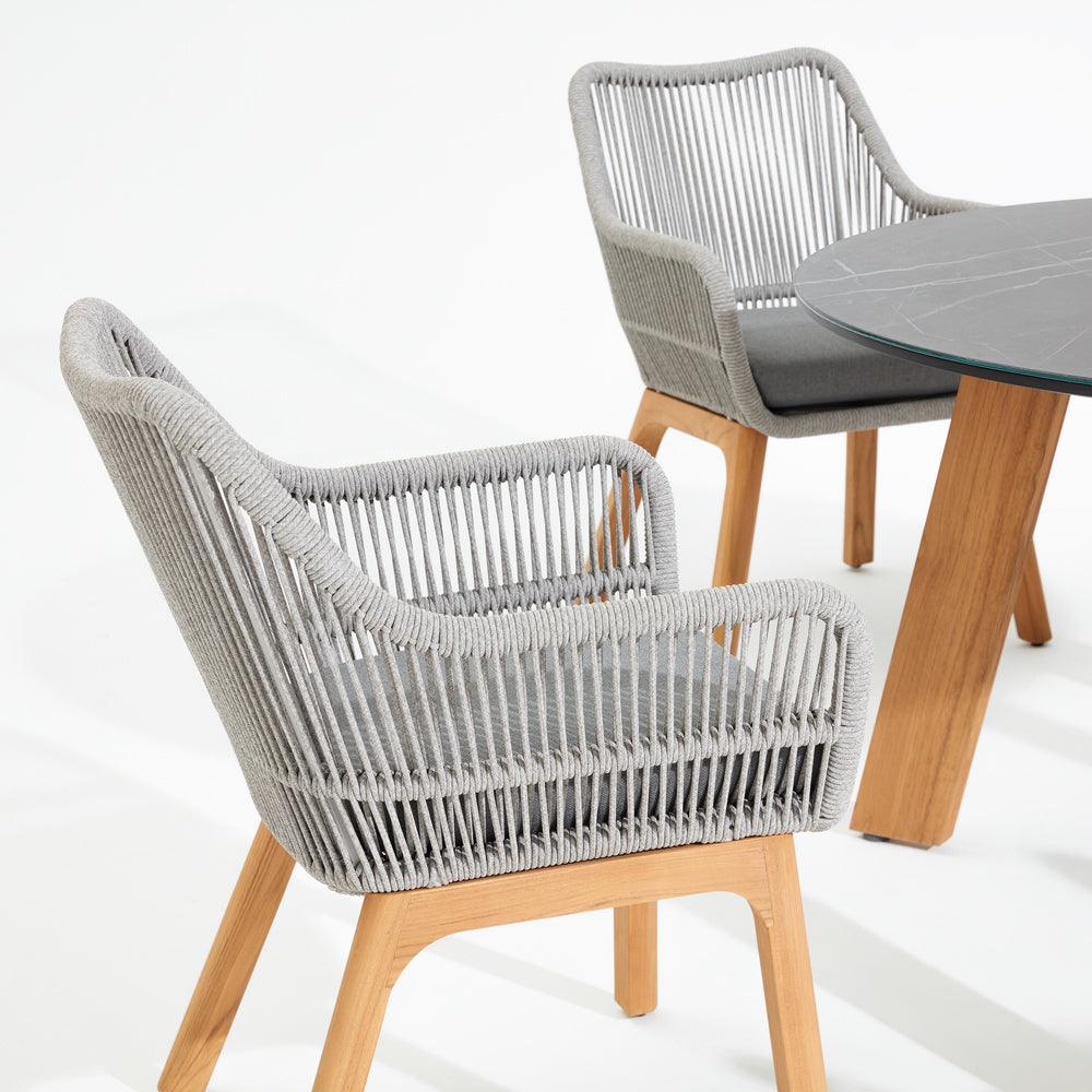 Natural Collection - Coronado Dining Arm Chairs, smooth armrest, classic design, grey rope accent, plush grey cushion, teak legs- Sunsitt Signature