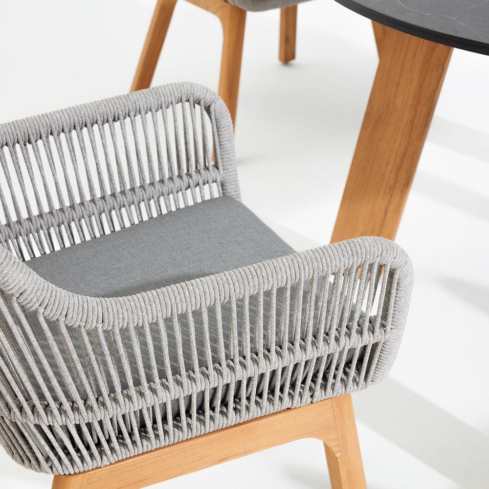 Natural Collection - Coronado Dining Arm Chairs, smooth armrest, classic design, grey rope accent, plush grey cushion, teak legs, round dining table with sintered stone tabletop-Sunsitt Signature