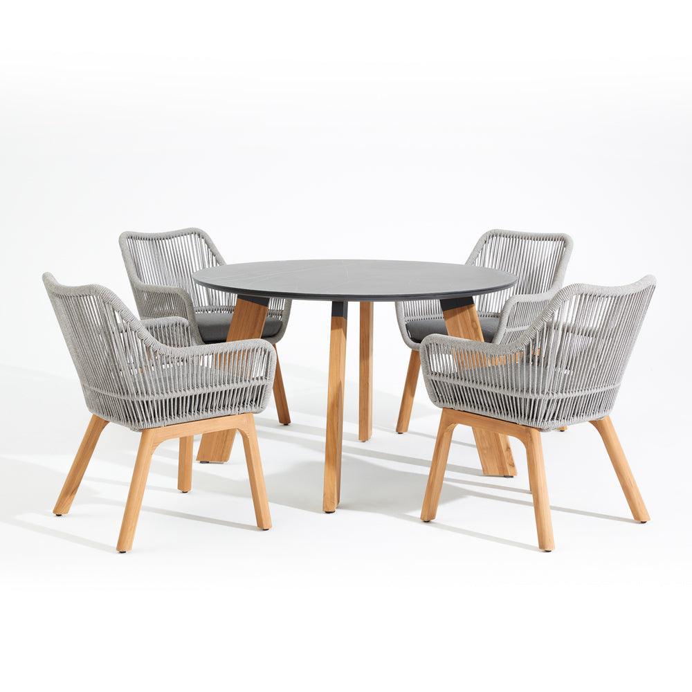Natural - Dining Set For 4 People, 4 chairs, 1 round dining table, teak leg, aluminum frame, grey cushions,classic and European design,front view - Sunsitt Signature