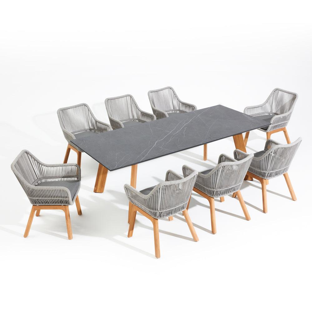 Natural - Dining Set For 8 People, 8 chairs, 1 dining table, teak leg, aluminum frame, grey cushions, sintered stone glasstabletop, classic and European design,overhead view - Sunsitt Signature