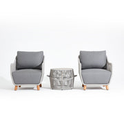 3-Piece outdoor bistro conversation set, grey Lounge chair set, 2 lounge chairs, 1 table, rope accent, grey cushion, teak leg - Sunsitt Premium Modern Outdoor Patio Furniture Set