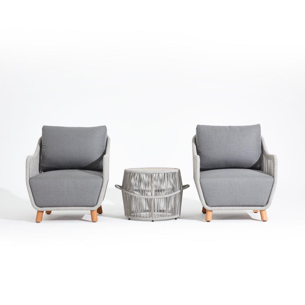 3-Piece outdoor bistro conversation set, grey Lounge chair set, 2 lounge chairs, 1 table, rope accent, grey cushion, teak leg - Sunsitt Premium Modern Outdoor Patio Furniture Set