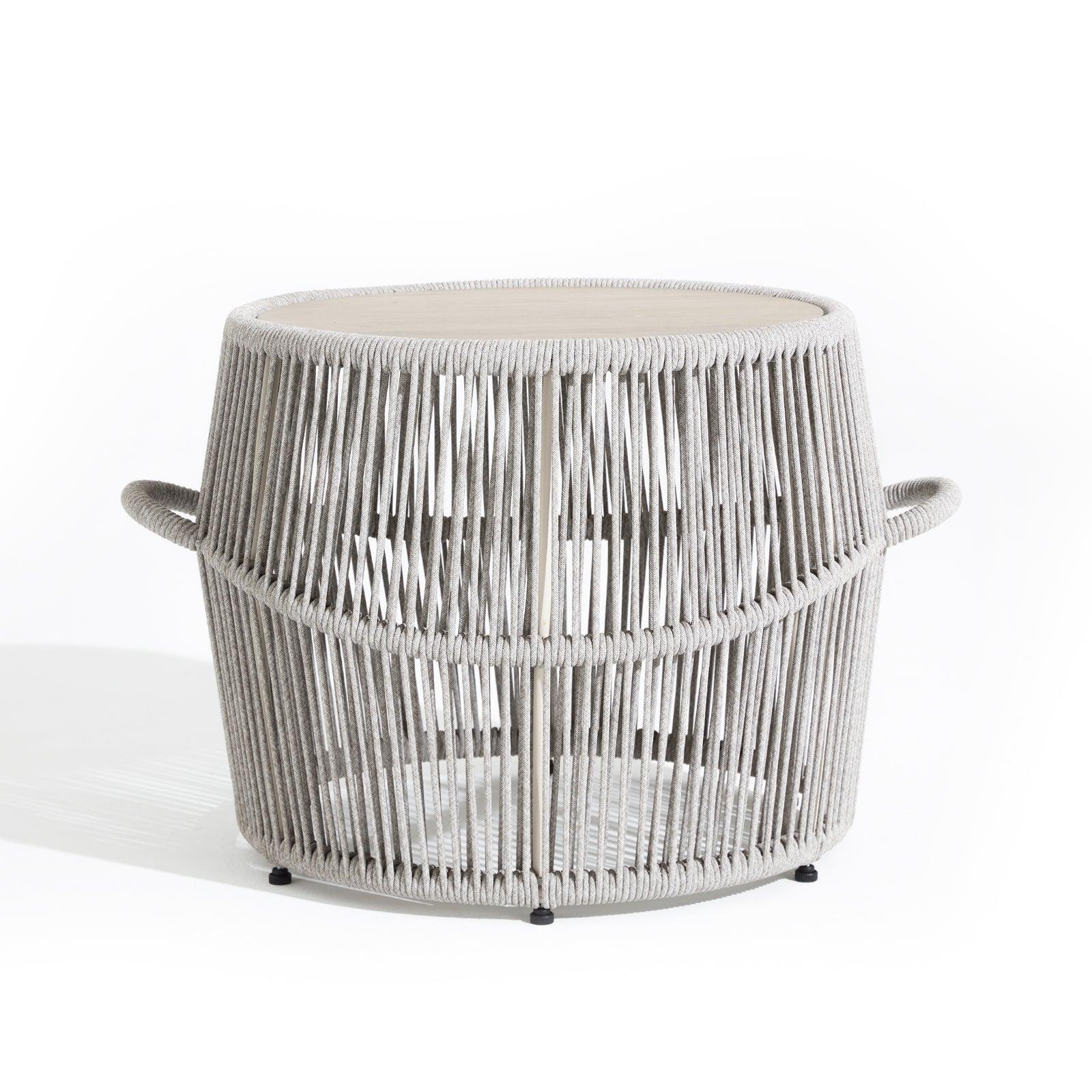Natural - Table,  classic and European design, round shape, grey rope, ceramic glass tabletop,Front View, White Background- Sunsitt Signature